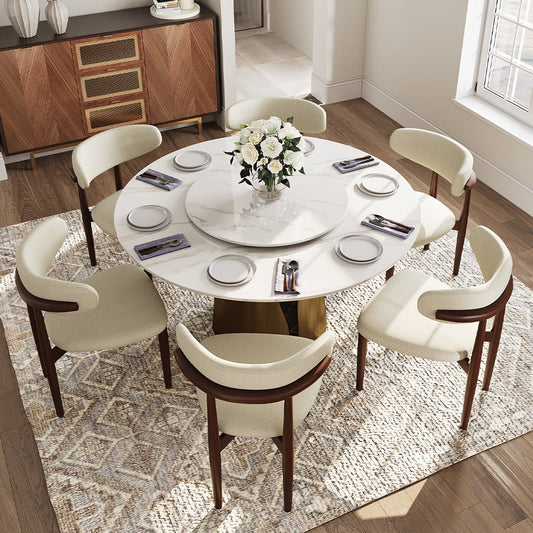 POVISON 59in Modern White Round Dining Table with Lazy Susan for 6, Glossy Sintered Stone Table, Bronze Carbon Steel Base