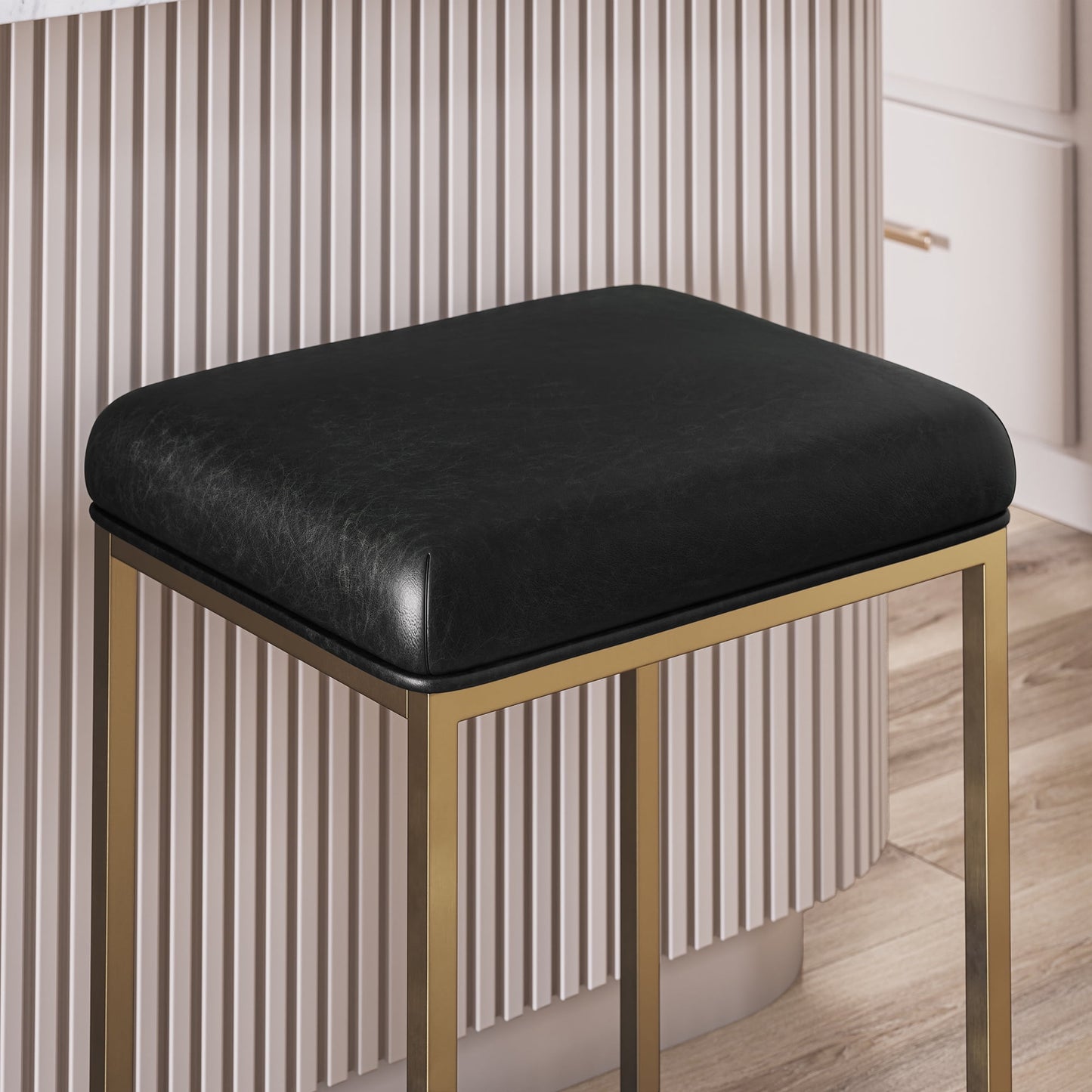 BELLEZE 30in Bar Height Bar Stools Set of 2, PU Leather Backless Barstools, Modern Upholstered Kitchen Stools with Metal Base Kitchen Island Chairs for Bar Pub Bistro, Black & Gold