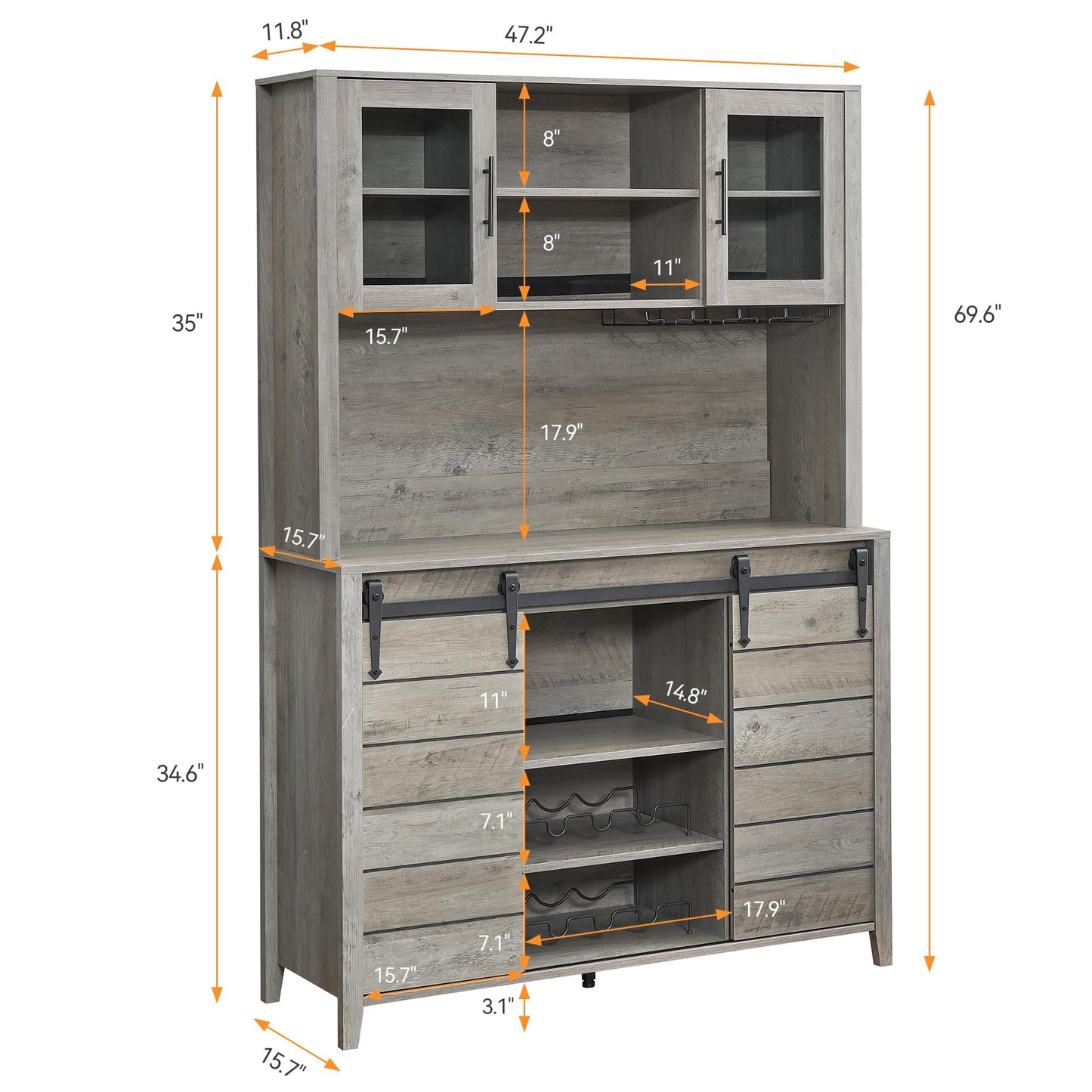2024 New Farmhouse Coffee Bar Cabinet with Sliding Barn Door, 72in Tall Buffet Cabinet with Storage Shelves, Liquor Cabinet with Wine and Glasses Rack,Sideboard Cupboard for Kitchen,Dining Room