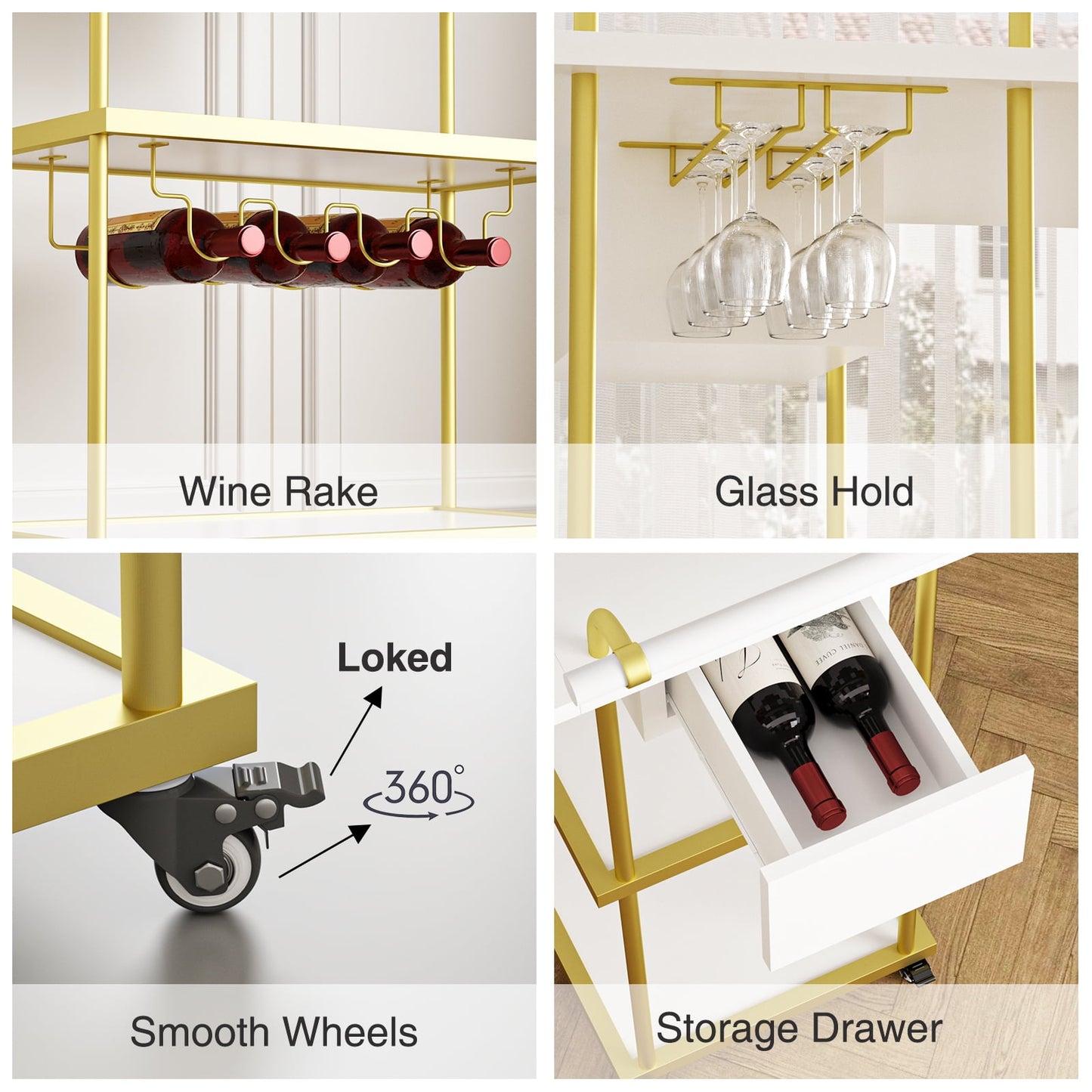 Veanerwood 3 Tier Home Bar Serving Cart on Wheels with Storage and Extendable Countertop, White