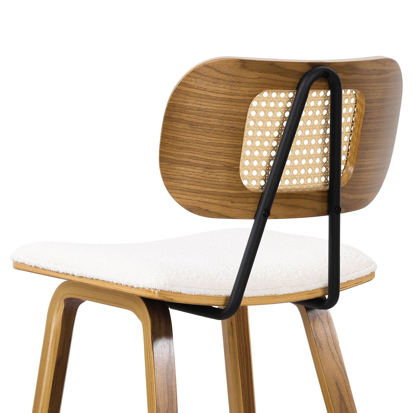 26in Counter Height Bar Stools with Rattan Back Set of 4, Mid Century Modern Wooden Stool Boucle Fabric Upholstered Bar Chair for Kitchen Island Dining Room