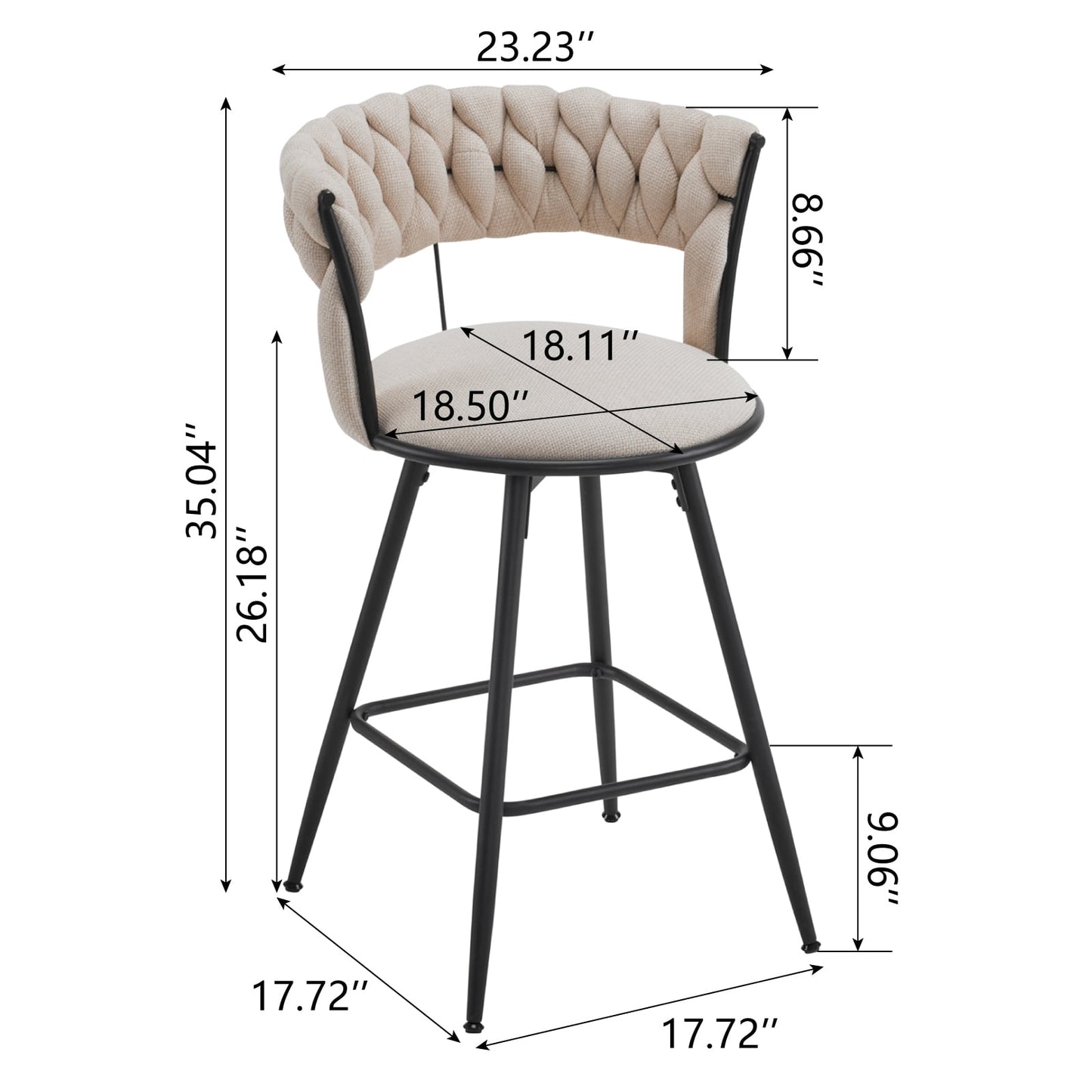 26 inch Bar Stool Set of 2, 360?? Swivel Counter Barstool with Backrest, Upholstered Hand-Woven Barstool, Modern Bar Chair with Footrest ,White