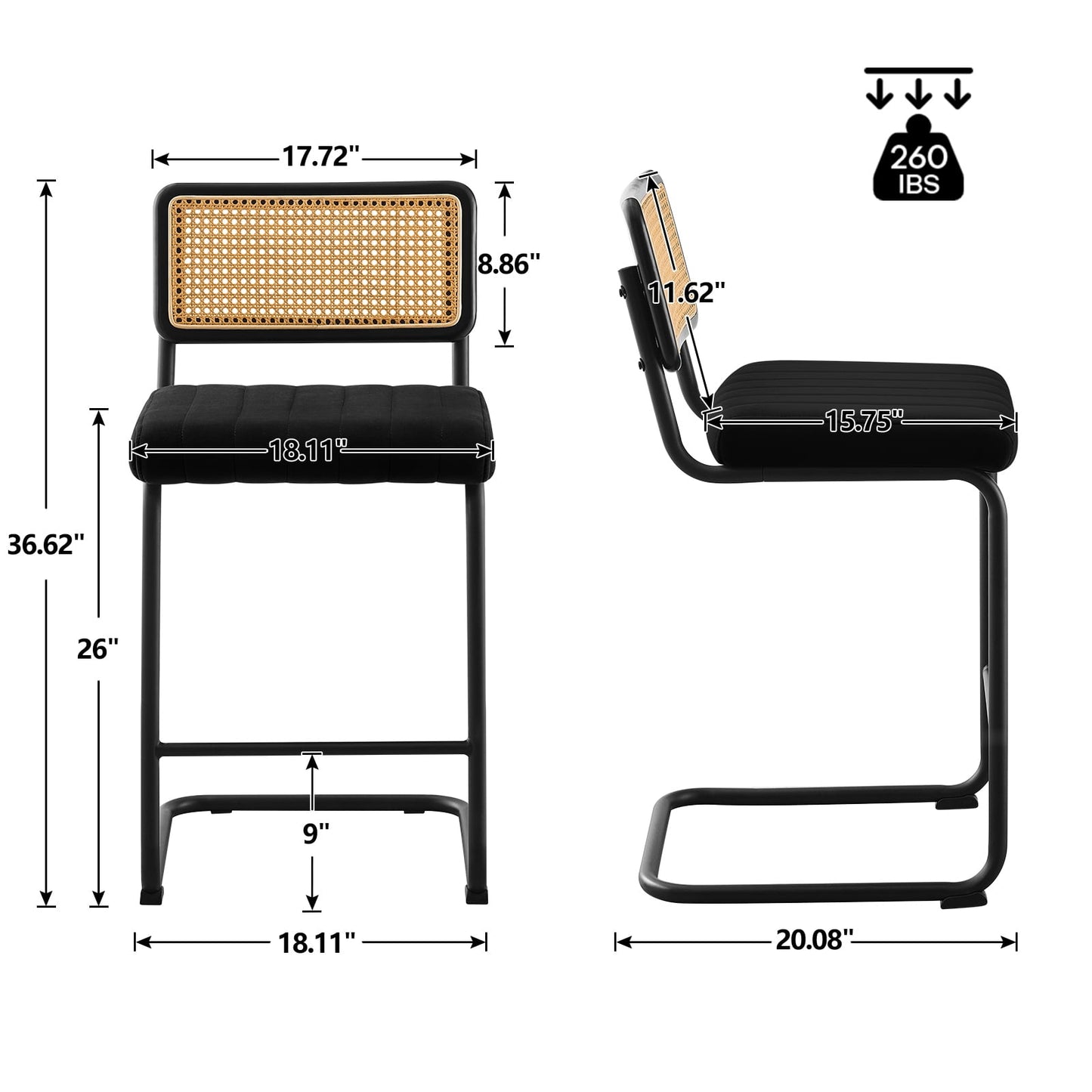 26in Rattan Bar Stools, Set of 2, Rattan Counter Height Velvet Armless Bar Stools with Cane Back for Home Office Kitchen Island