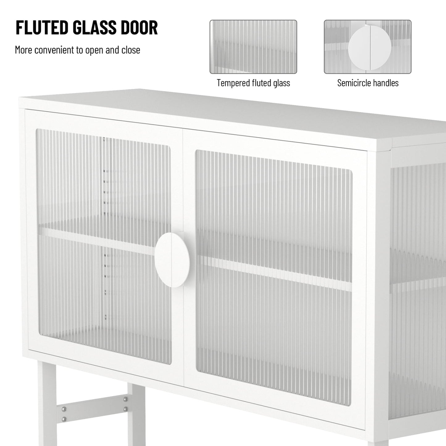 2-Tier Stylish Tempered Glass Cabinet, Fluted Glass Sideboard Buffet Cabinet with 2 Door, Modern Enclosed Cupboard Adjustable Shelf U-shaped Leg for Kitchen Living Room ,Blue