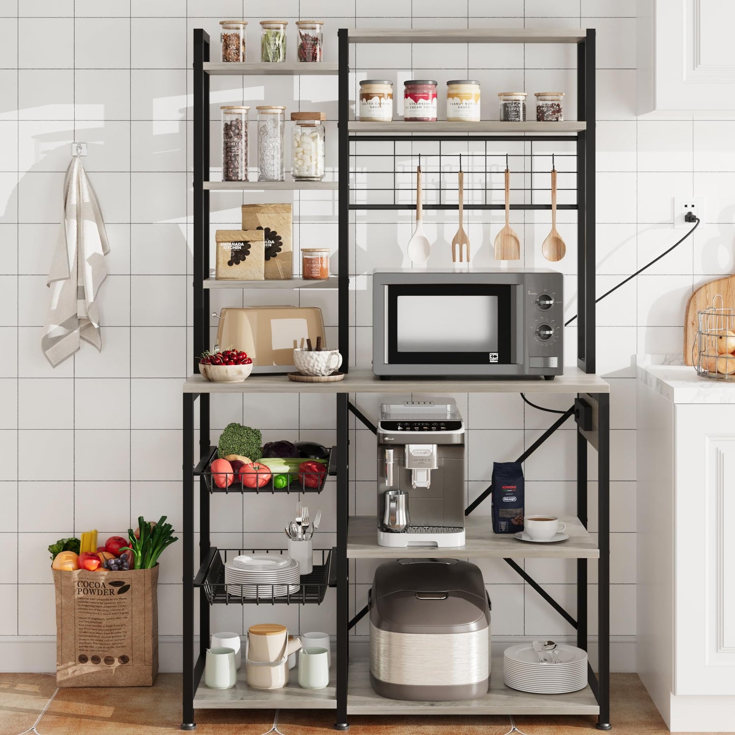 2024 New Standing Baker Rack with Power Output, 7-tier Kitchen Microwave Baker Rack with Storage, Microwave Oven Stand with Hook, Baker Rack for Kitchen, Dining Room