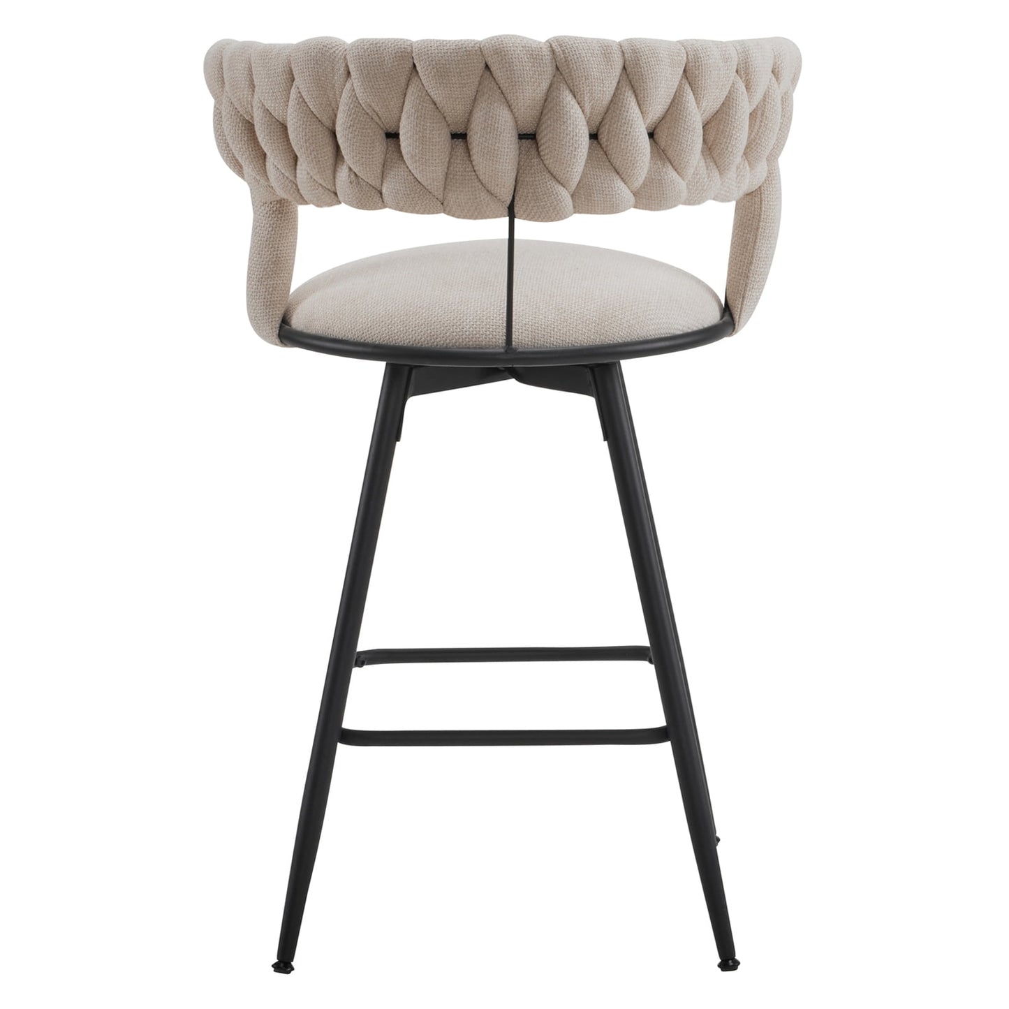 26 inch Bar Stool Set of 2, 360?? Swivel Counter Barstool with Backrest, Upholstered Hand-Woven Barstool, Modern Bar Chair with Footrest ,White