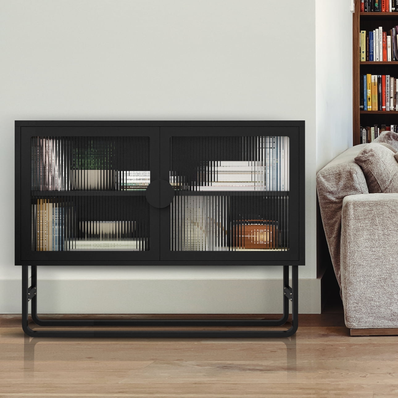 2-Tier Stylish Tempered Glass Cabinet, Fluted Glass Sideboard Buffet Cabinet with 2 Door, Modern Enclosed Cupboard Adjustable Shelf U-shaped Leg for Kitchen Living Room ,Blue