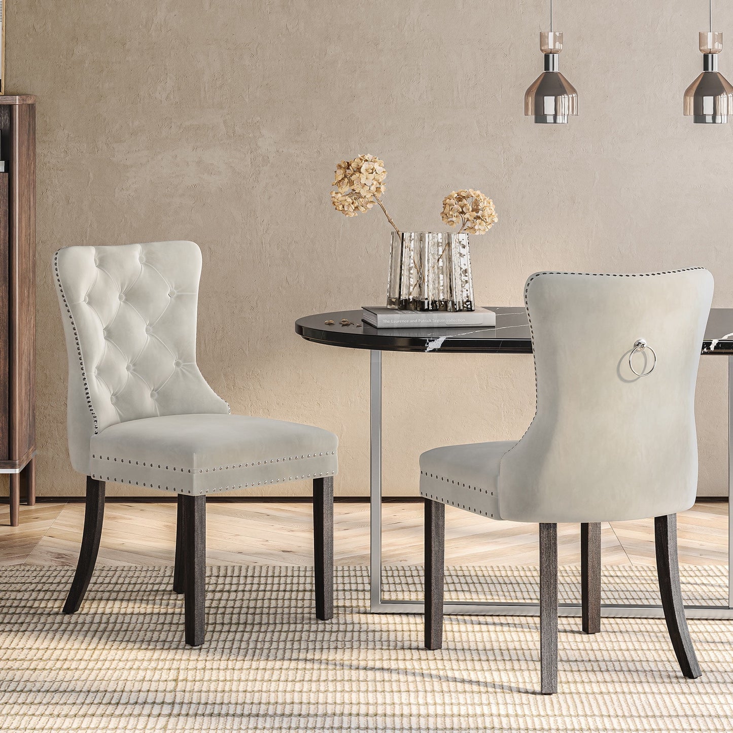 BELLEZE Upholstered Dining Chairs Set of 6, Velvet Luxury Dining Room Chairs with Button Back, Nailhead Trim, Pull-ring, Solid Wood Legs for Kitchen, Living Room, Restaurant - Chandler (Beige)