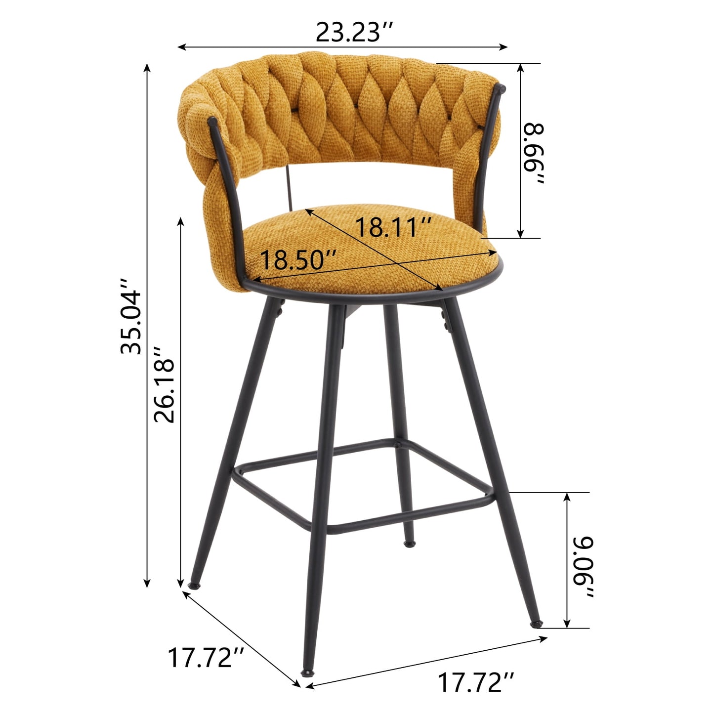 26 inch Bar Stool Set of 2, 360?? Swivel Counter Barstool with Backrest, Upholstered Hand-Woven Barstool, Modern Bar Chair with Footrest ,Yellow