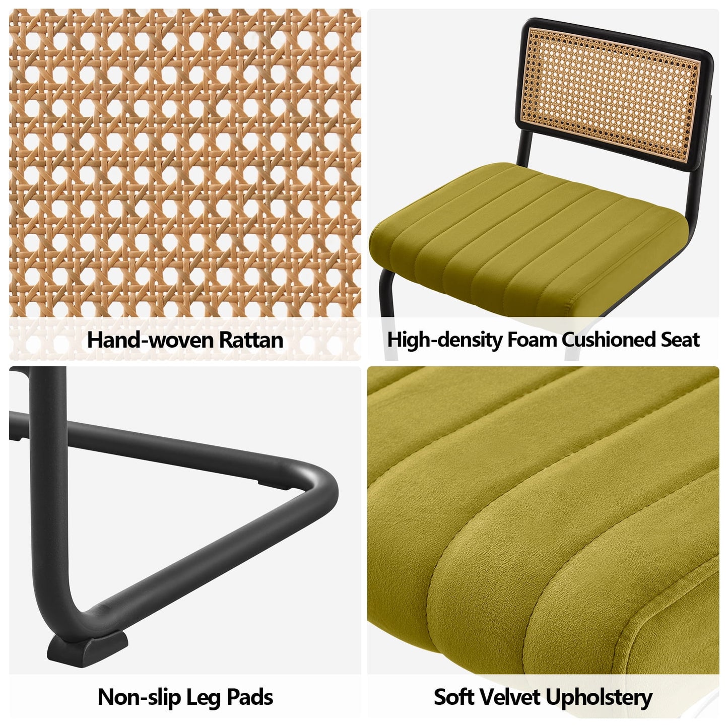 26in Rattan Bar Stools, Set of 2, Rattan Counter Height Velvet Armless Bar Stools with Cane Back for Home Office Kitchen Island