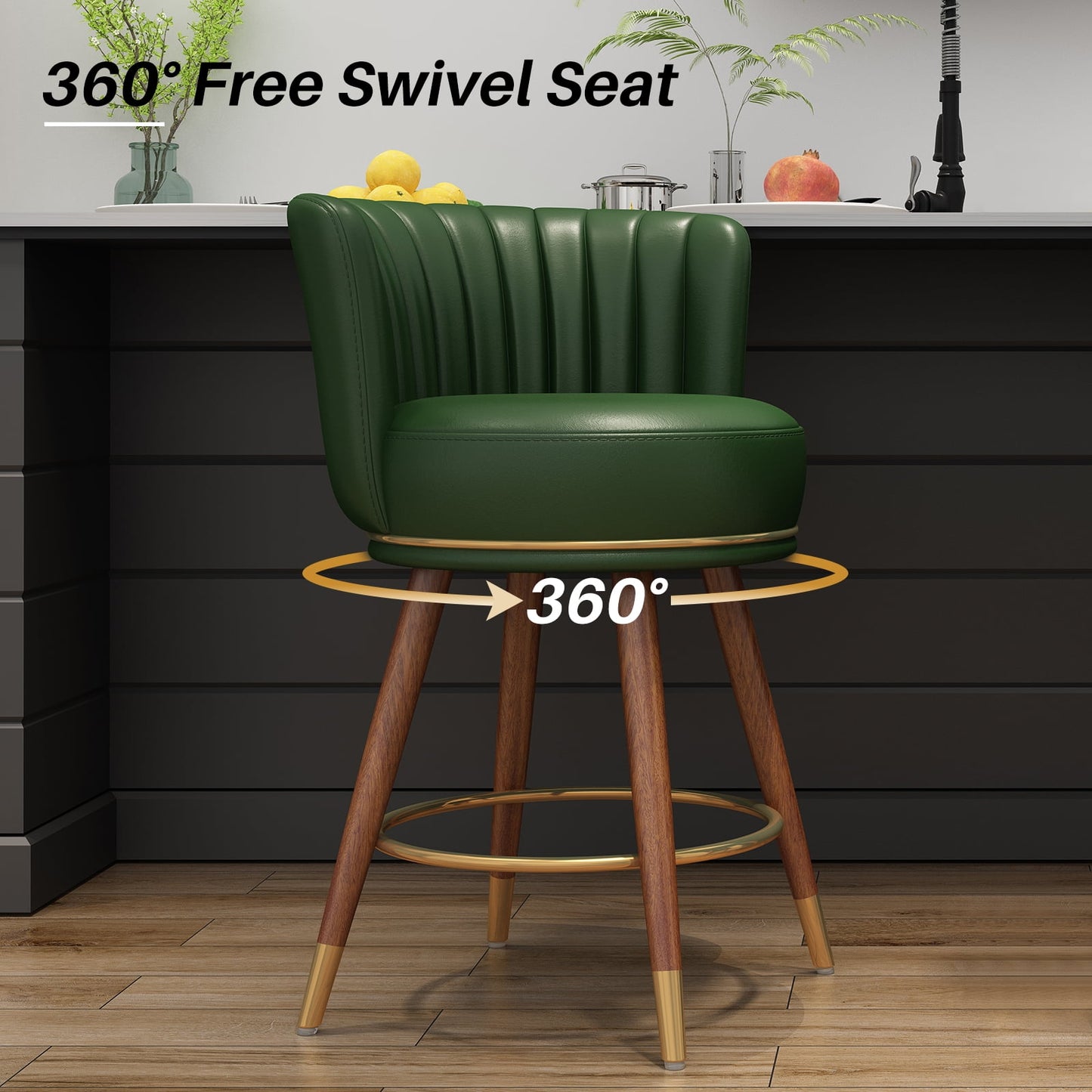 HomeZeer 24 Swivel Bar Stools Set of 2, Comfortable PU Leather Pub Chairs with Curved Back and Wood Legs, Green