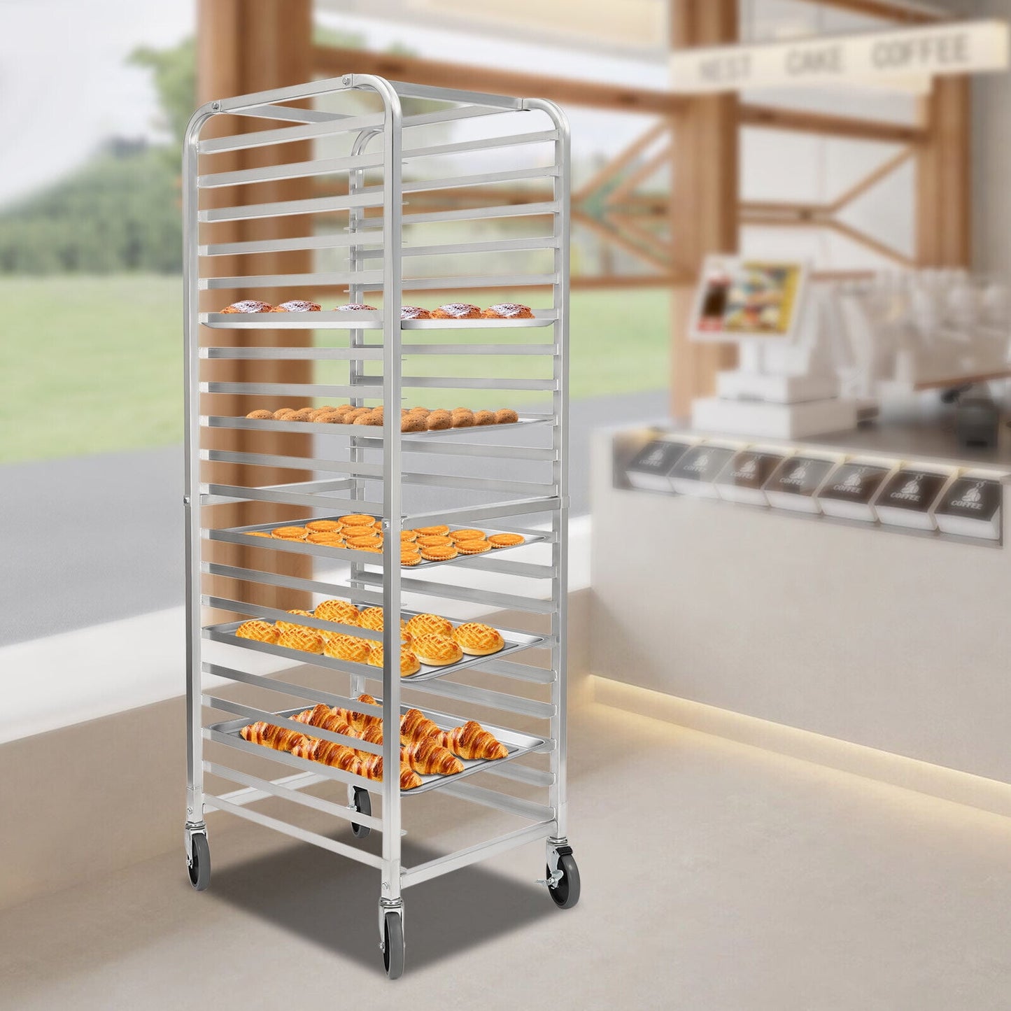 20 Sheet Aluminum Bakery Cooling Rack, Commercial Kitchen Cookie Bun Rack W/ 4 Wheels Silver