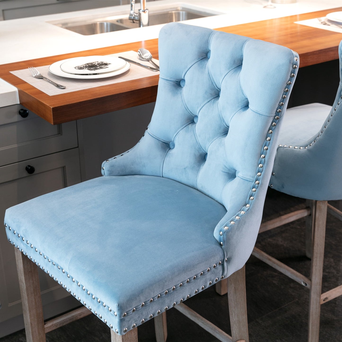 27in Contemporary Padded Bar Stools, Tufted Velvet Upholstered Barstools with Button Tufted Decoration, Chrome Nailhead Trim, Footrest and Solid Wood Legs (Light Blue,Set of 4)