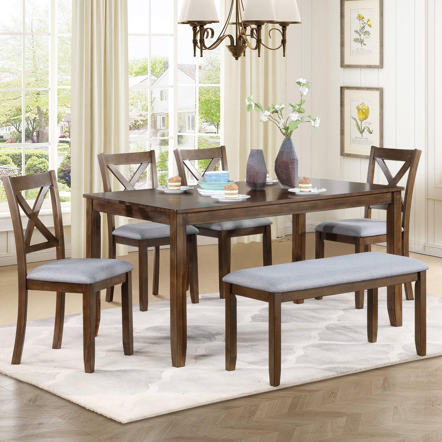 Farmhouse 6-Piece Dining Set with Bench, Solid Wood Table, Upholstered Chairs, Brown