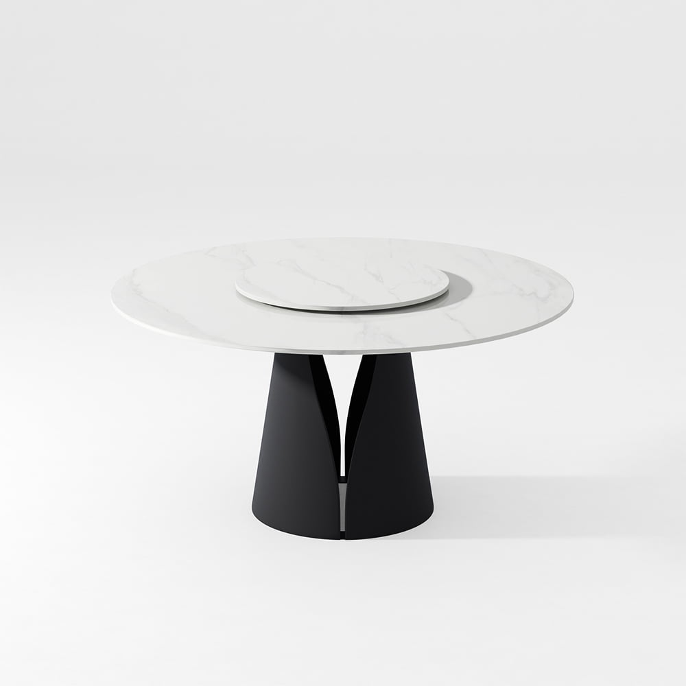 POVISON 59in Modern Round White Dining Table for 6 With Lazy Susan,Glossy Sintered Stone Tabletop, Solid Black Carbon Steel Base
