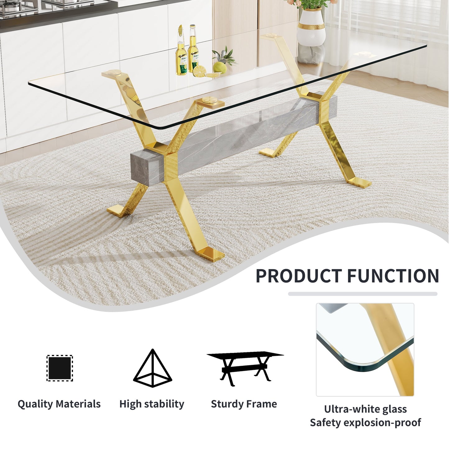 1 table and 6 chairs. Modern, simple and luxurious tempered glass rectangular dining table and desk with 6 white PU gold plated leg chairs 79in x39in x30in