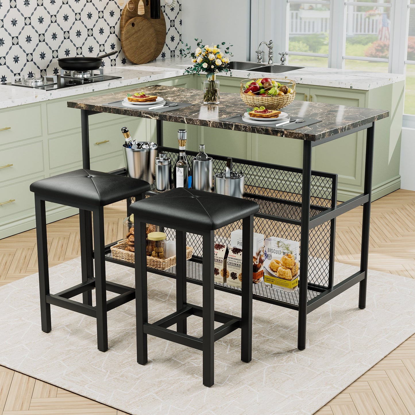 Dining Table Set for 2, Counter Height Bar Table Set with Faux Marble Top, 3-Piece Kitchen Island Set with 2 Stools and 2-Tier Shelves, Pub Dinette Set for Small Spaces, Brown, L0329