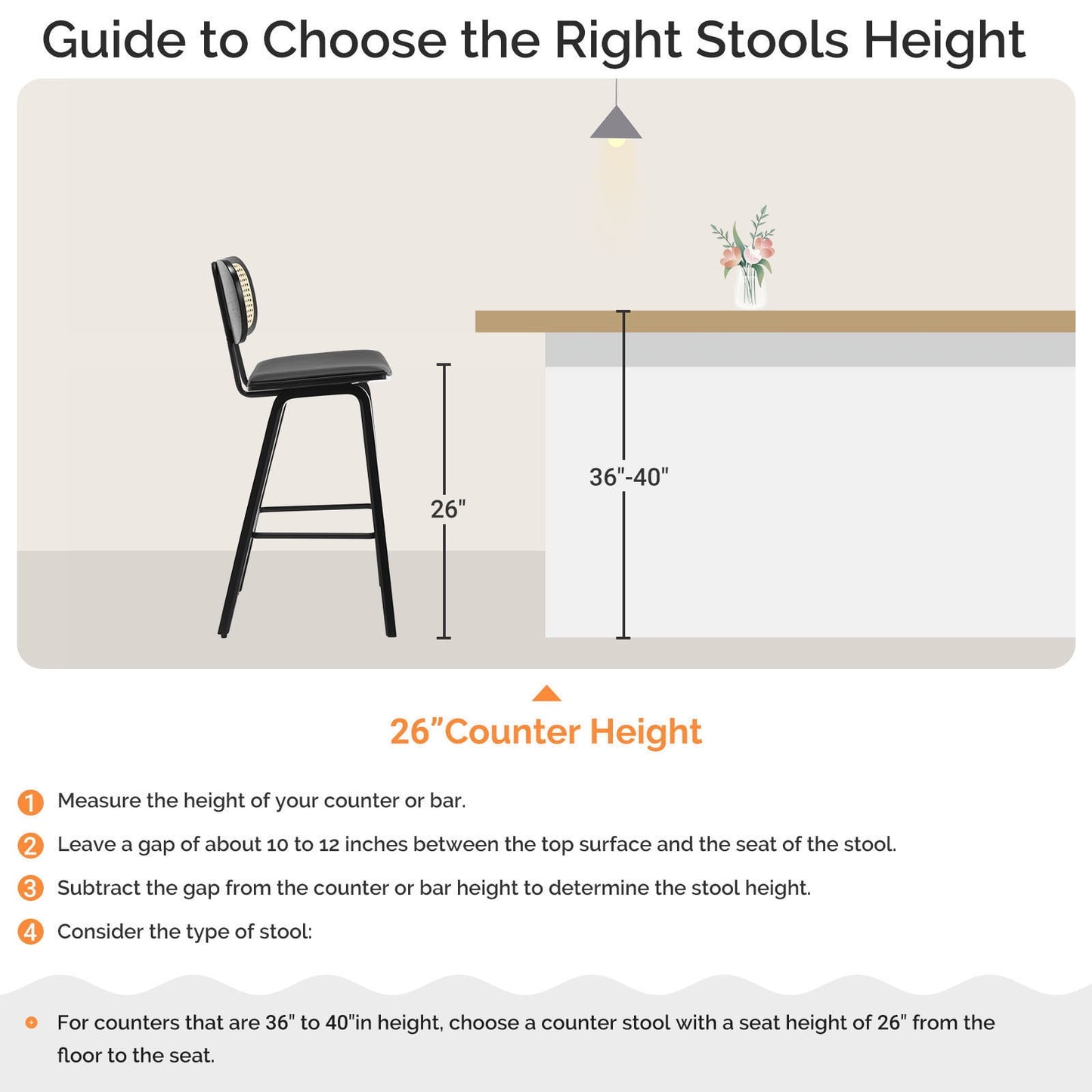 26in Counter Height Bar Stools with Rattan Back Set of 1, Mid Century Modern Wooden Stool PU Leather Upholstered Bar Chair for Kitchen Island Dining Room