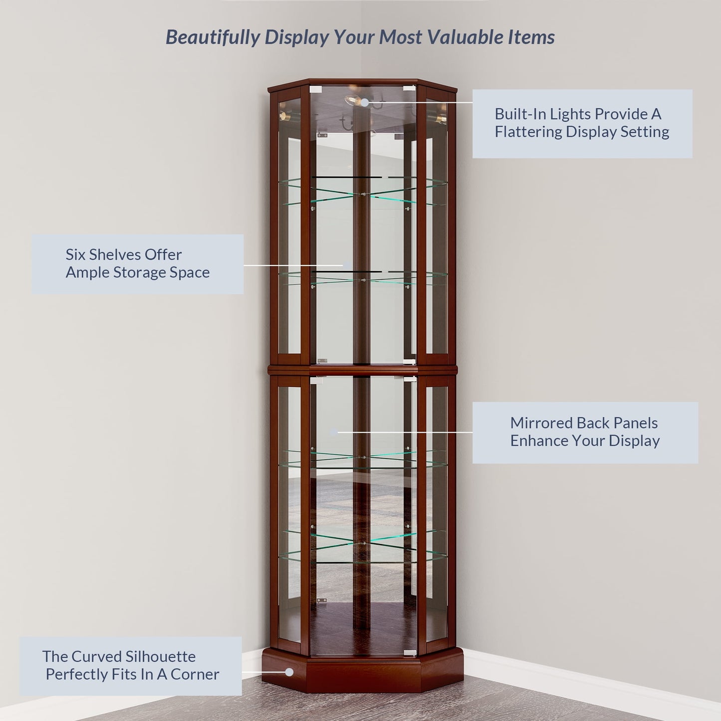 BELLEZE Ashfield Lighted Corner Cabinet with Glass Doors, 6 Wood Shelves for Display, Walnut