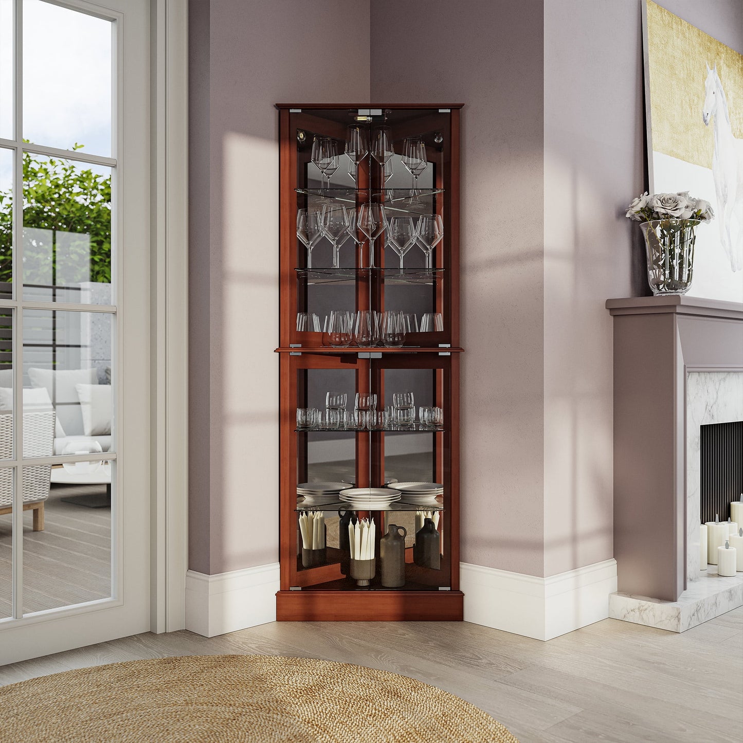 BELLEZE Woody Lighted Corner Curio Cabinet Tempered Glass Door 6 Shelves, Walnut