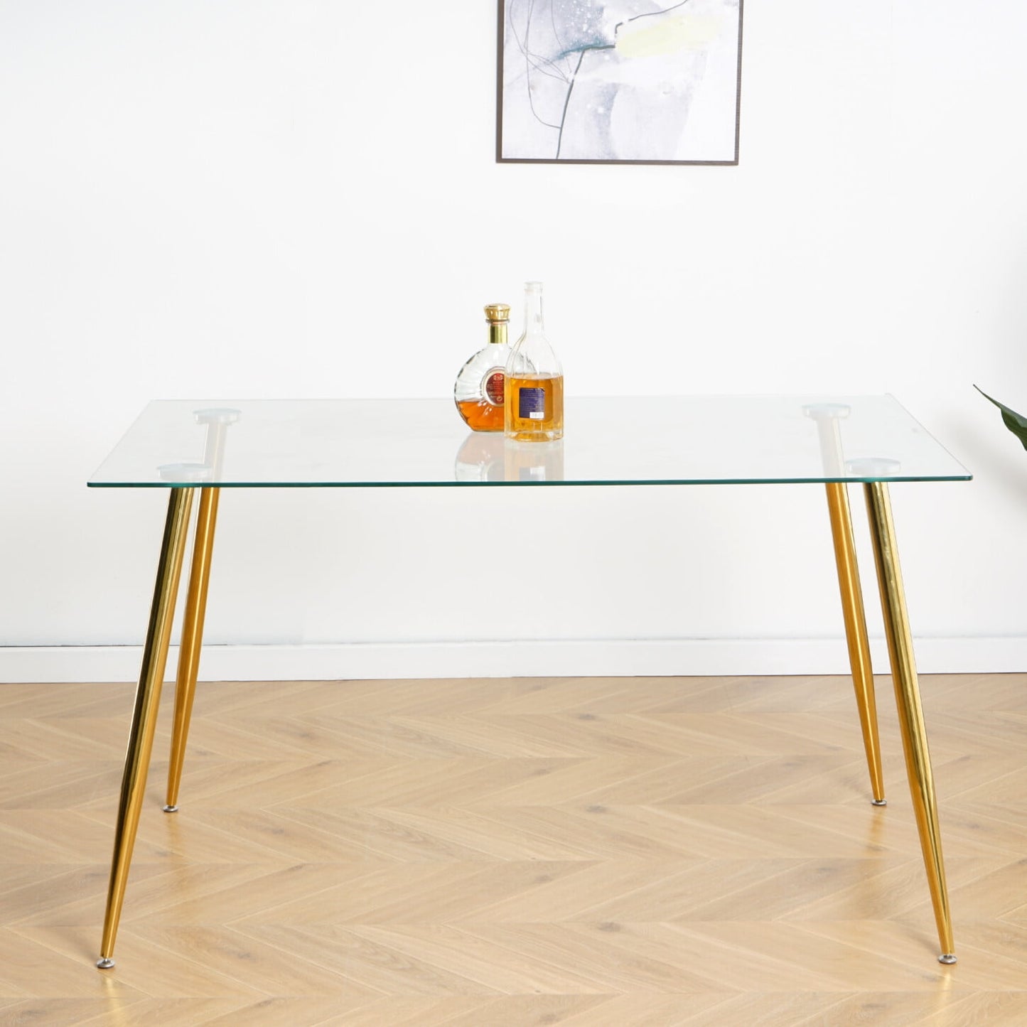 29.5H?Æù Kitchen Glass Dining Table with Chrome Metal Legs, Modern Rectangular Tempered Glass Table top for Kitchen & Dining Tables, Golden Table Legs
