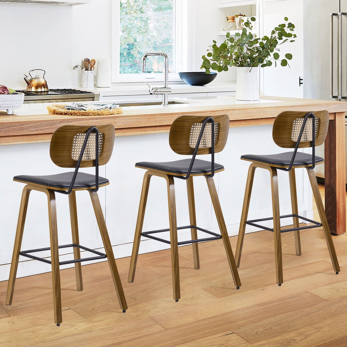 26in Counter Height Bar Stools with Rattan Back Set of 2, Mid Century Modern Wooden Stool PU Leather Upholstered Bar Chair for Kitchen Island Dining Room
