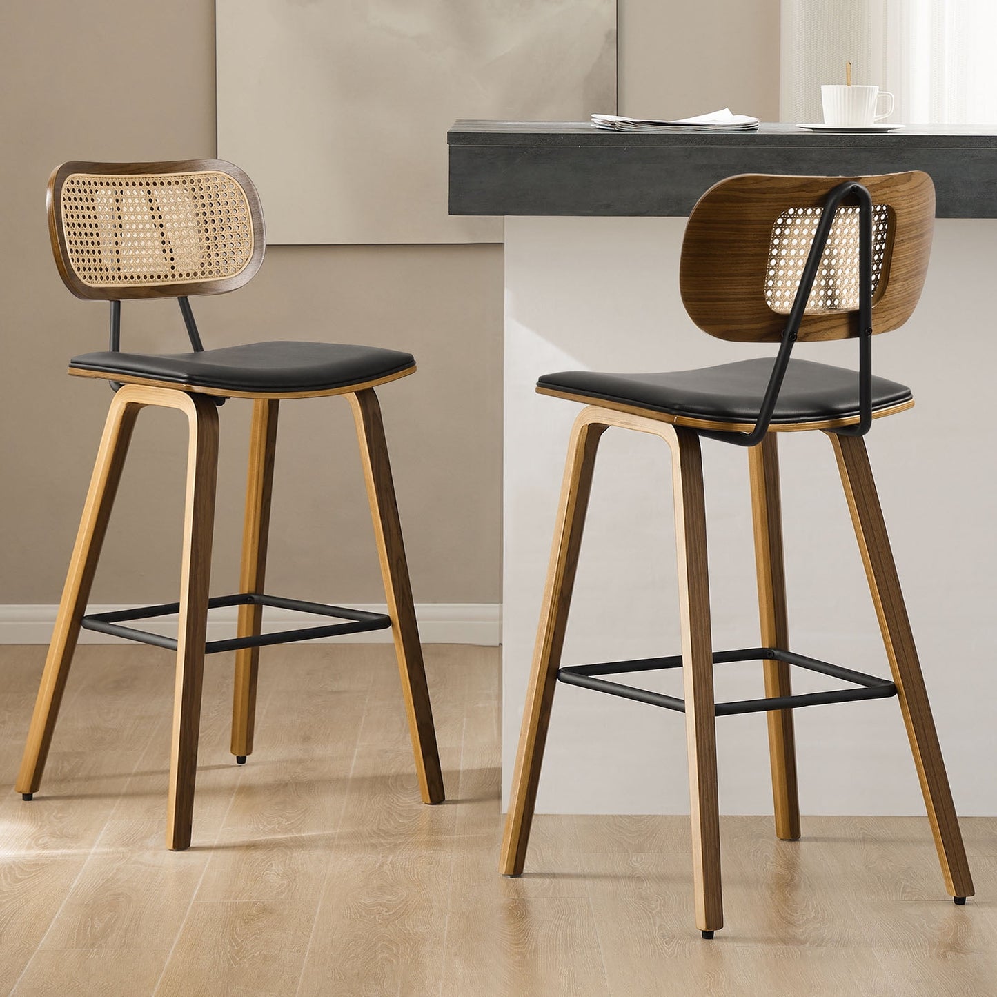26in Counter Height Bar Stools with Rattan Back Set of 2, Mid Century Modern Wooden Stool PU Leather Upholstered Bar Chair for Kitchen Island Dining Room