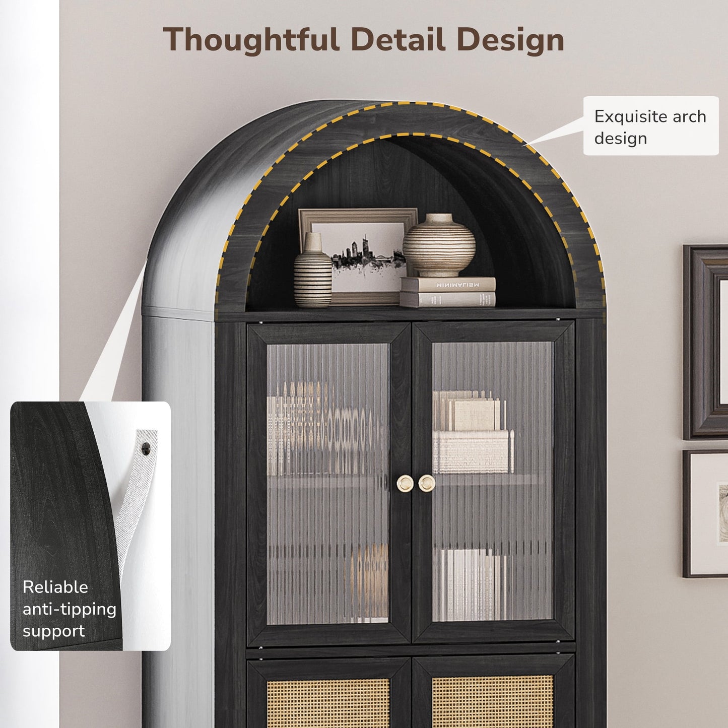 BELLEZE Treasures Classic Curio: 65 Inch Wood Furniture Cupboard, Ideal for Living Room and Kitchen