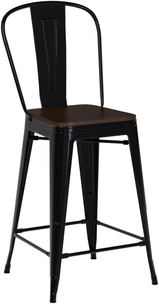 24Inch Seat Height Dining Stools Chairs with Wood Seat/Top and High Backrest, Industrial Metal Counter Height Stool, Modern Kitchen Dining Bar Chairs Rustic, Black, Set of 4
