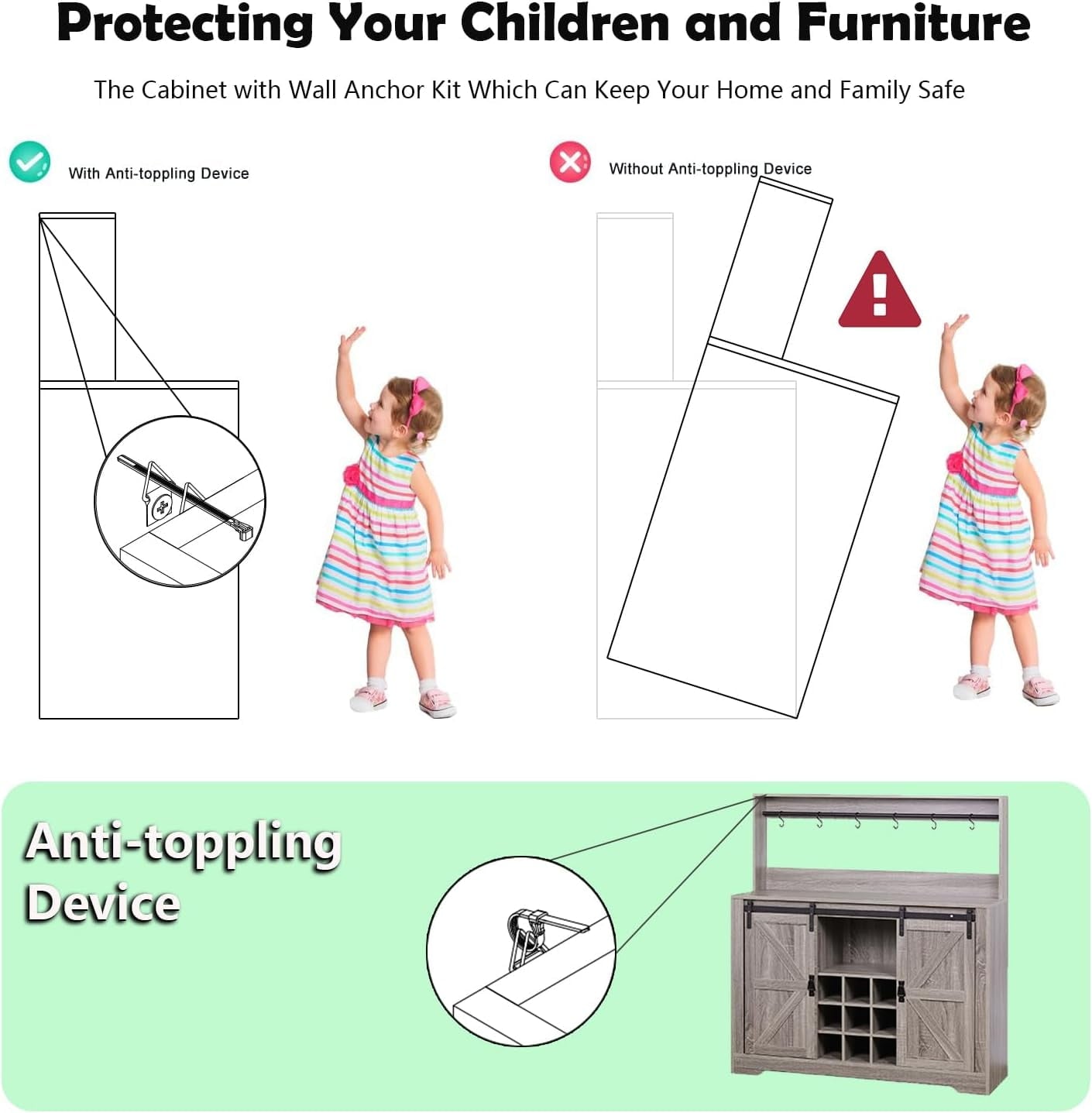 SNYNUXX 47?Æù Sideboard Cabinet, Storage Cabinet Buffet Table with Wine Rack & 6 Hooks, Storage for Kitchen and Living Room, Washed Gray