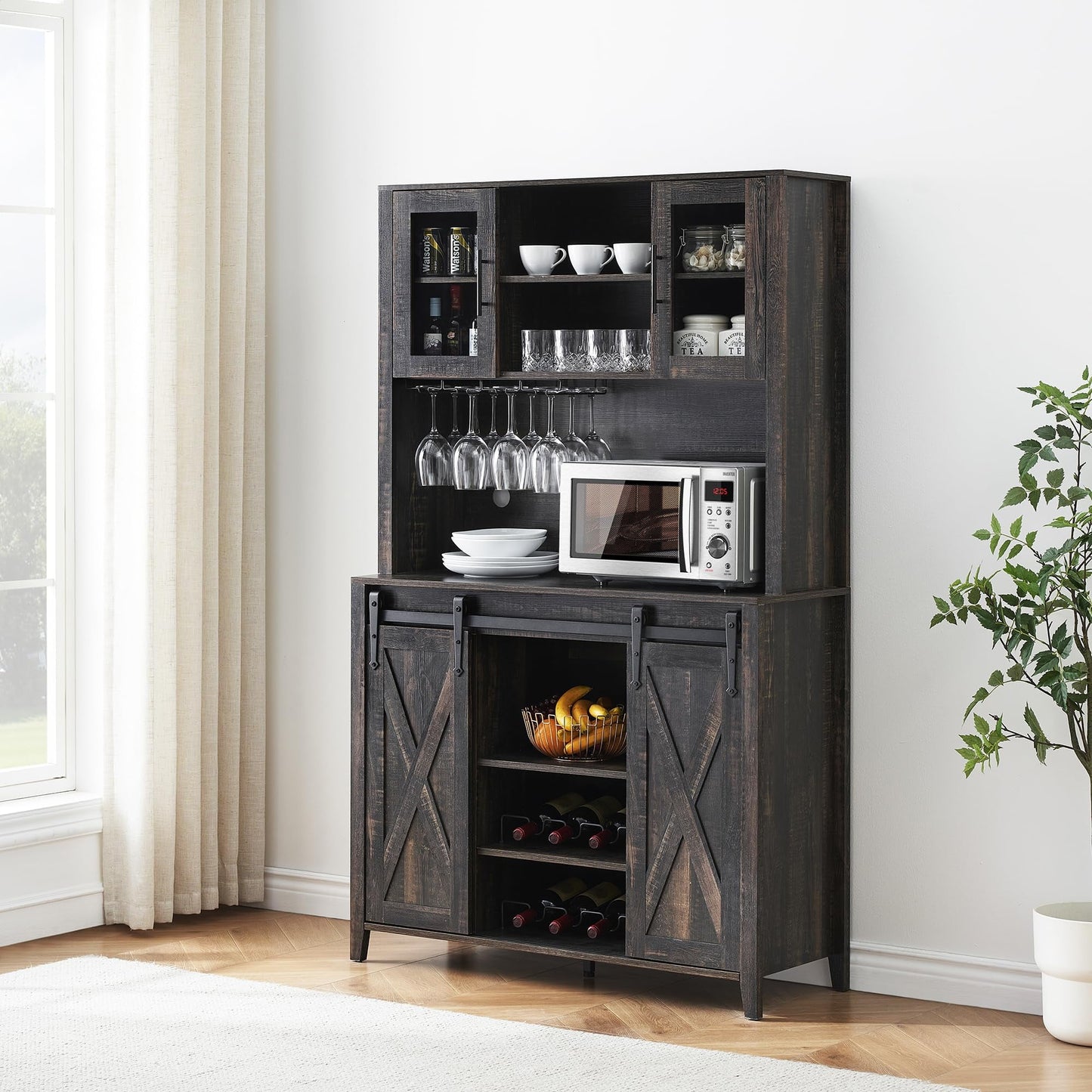 2024 New Farmhouse Coffee Bar Cabinet with Sliding Barn Door, 72in Tall Buffet Cabinet with Storage Shelves, Liquor Cabinet with Wine and Glasses Rack,Sideboard Cupboard for Kitchen,Dining Room