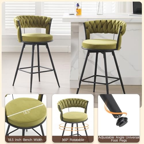 26 inch Bar Stool Set of 2, 360?? Swivel Counter Barstool with Backrest, Upholstered Hand-Woven Barstool, Modern Bar Chair with Footrest ,Green