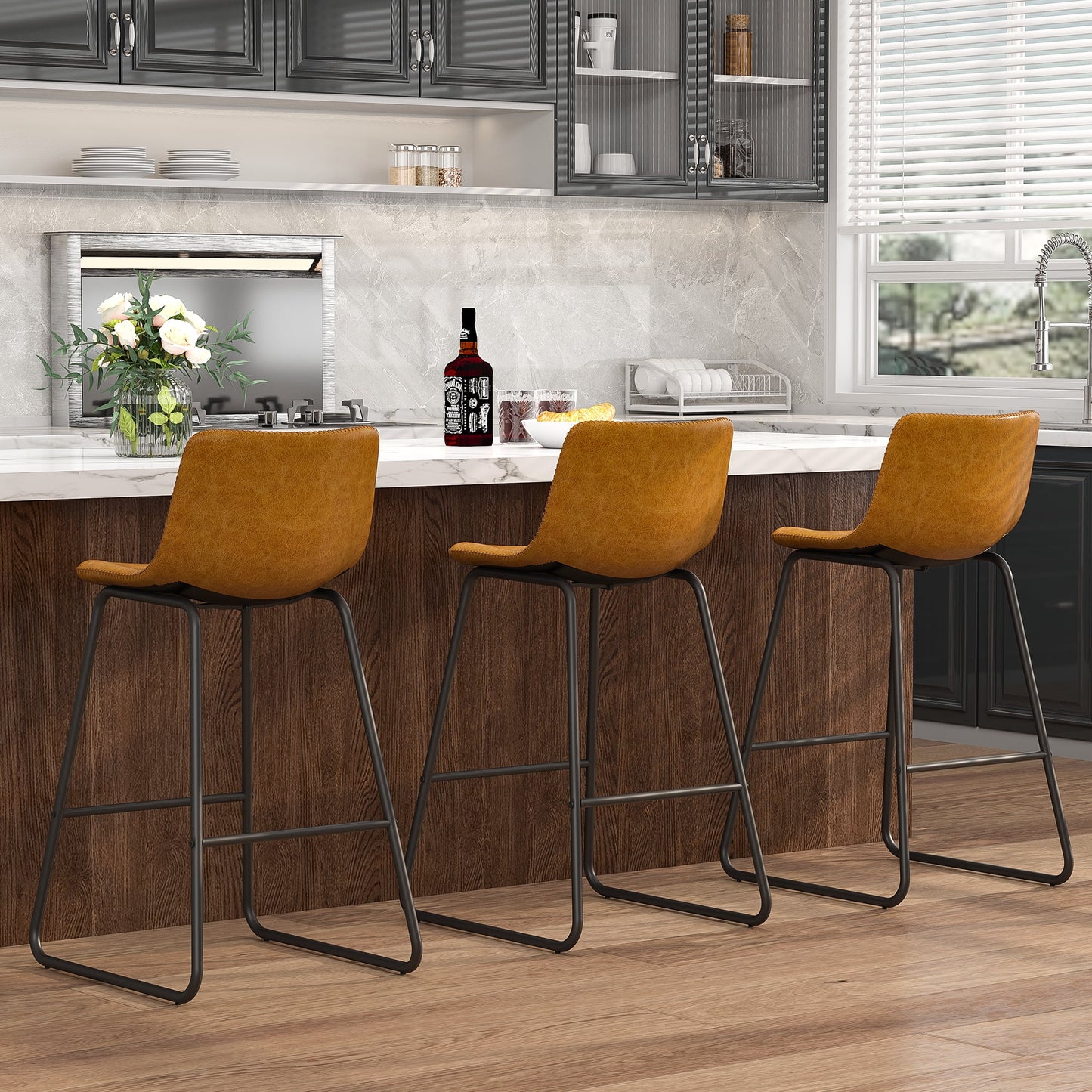 YaFiti Bar Stools 26in Faux Leather Counter Height Barstools with Back Set of 6, Modern Counter Stools with Metal Legs and Footrest, Armless Chairs with Back for Kitchen Living Room Pub, Whiskey Brown
