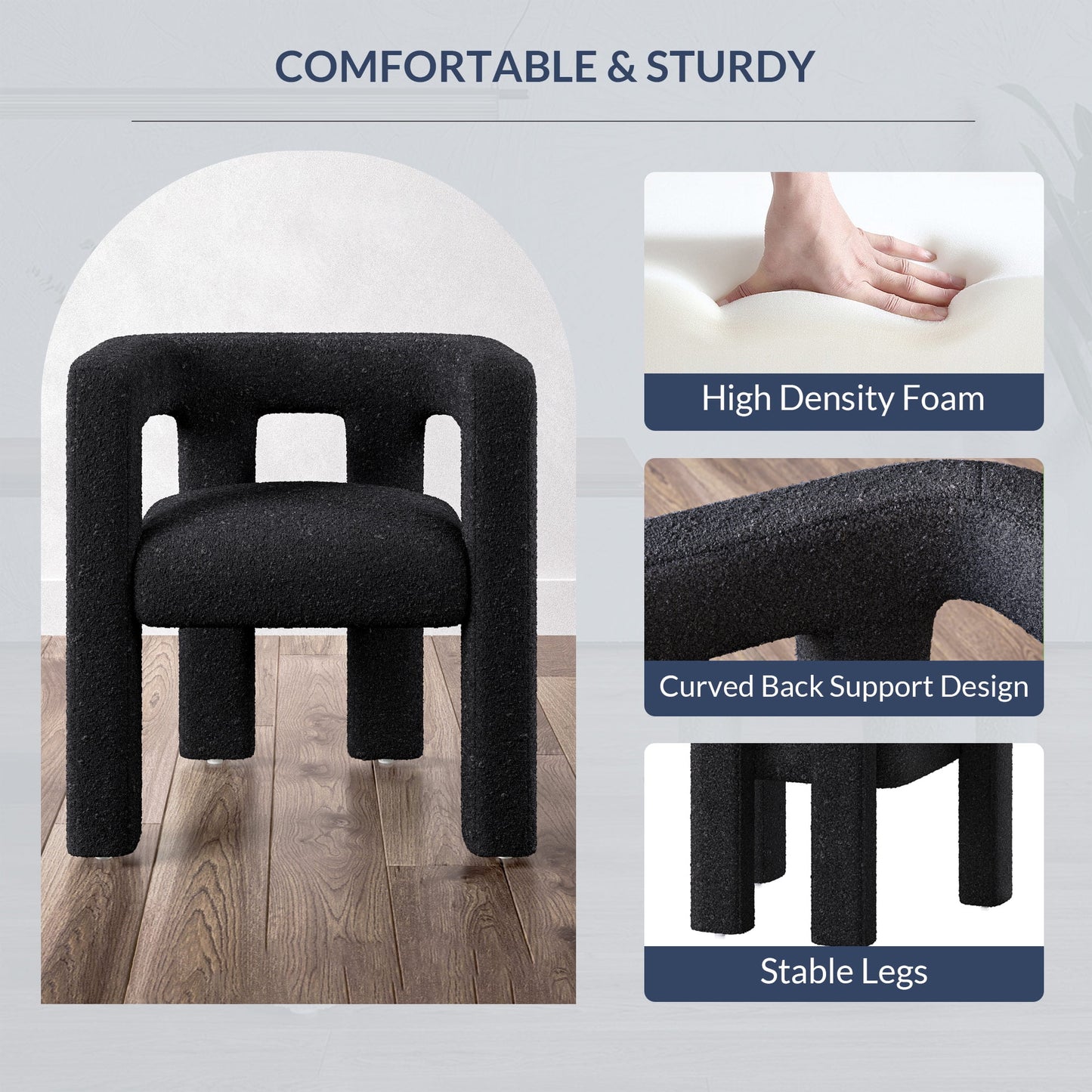 BELLEZE Modern Boucle Chair, Linen Dining Chair with Barrel Sidearms and Back, Minimalist Upholstered Kitchen Armchair for Dining Room - Lisbon (Black)