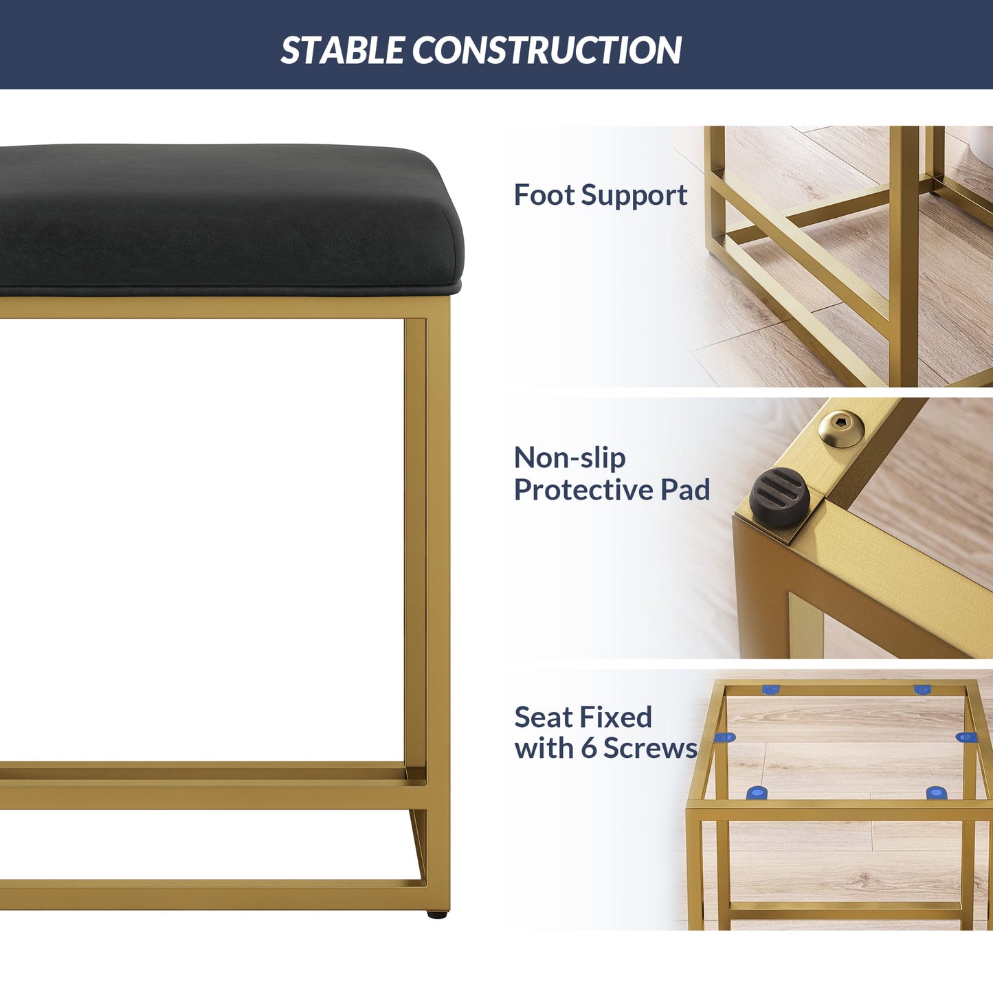 BELLEZE 24in Backless Bar Stools Set of 4, Counter Height Barstools, Modern Upholstered PU Leather Counter Stools with Metal Base Kitchen Island Chairs Dining Chair, Black & Gold