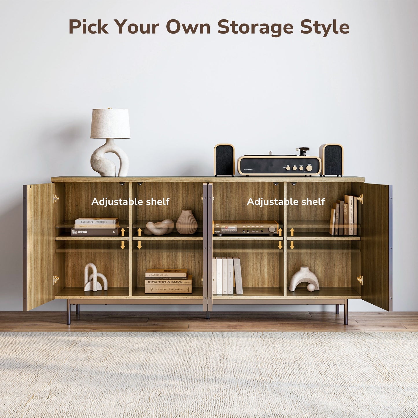 BELLEZE Sideboard Buffet Cabinet, 63in Storage Cabinet with 4 Doors and Adjustable Shelves, Sideboard Cabinet for Dinning Room, Kitchen & Living Room - Colemen (Camel)