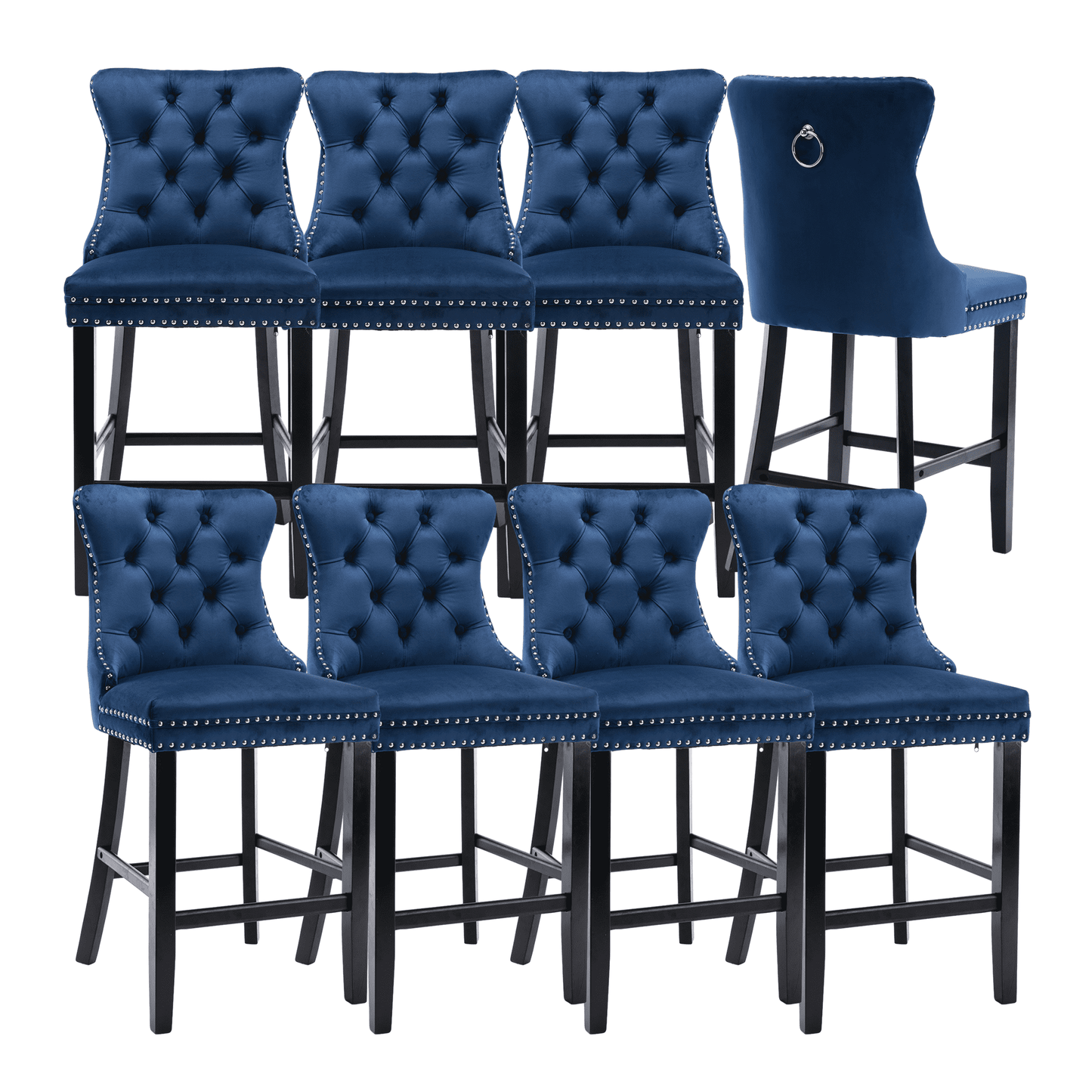 27in Contemporary Padded Bar Stools, Tufted Velvet Upholstered Barstools with Button Tufted Decoration, Chrome Nailhead Trim, Footrest and Solid Wood Legs (Blue,Set of 8)