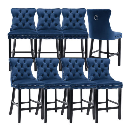 27in Contemporary Padded Bar Stools, Tufted Velvet Upholstered Barstools with Button Tufted Decoration, Chrome Nailhead Trim, Footrest and Solid Wood Legs (Blue,Set of 8)