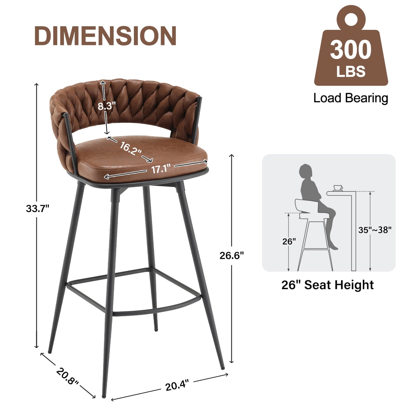 26in Bar Stool Set of 2, Modern Counter Height Barstools with Woven Back and Footrest, 180?? Swivel Suede Fabric Stool Chairs for Kitchen Island, Cafe, Pub, Brown