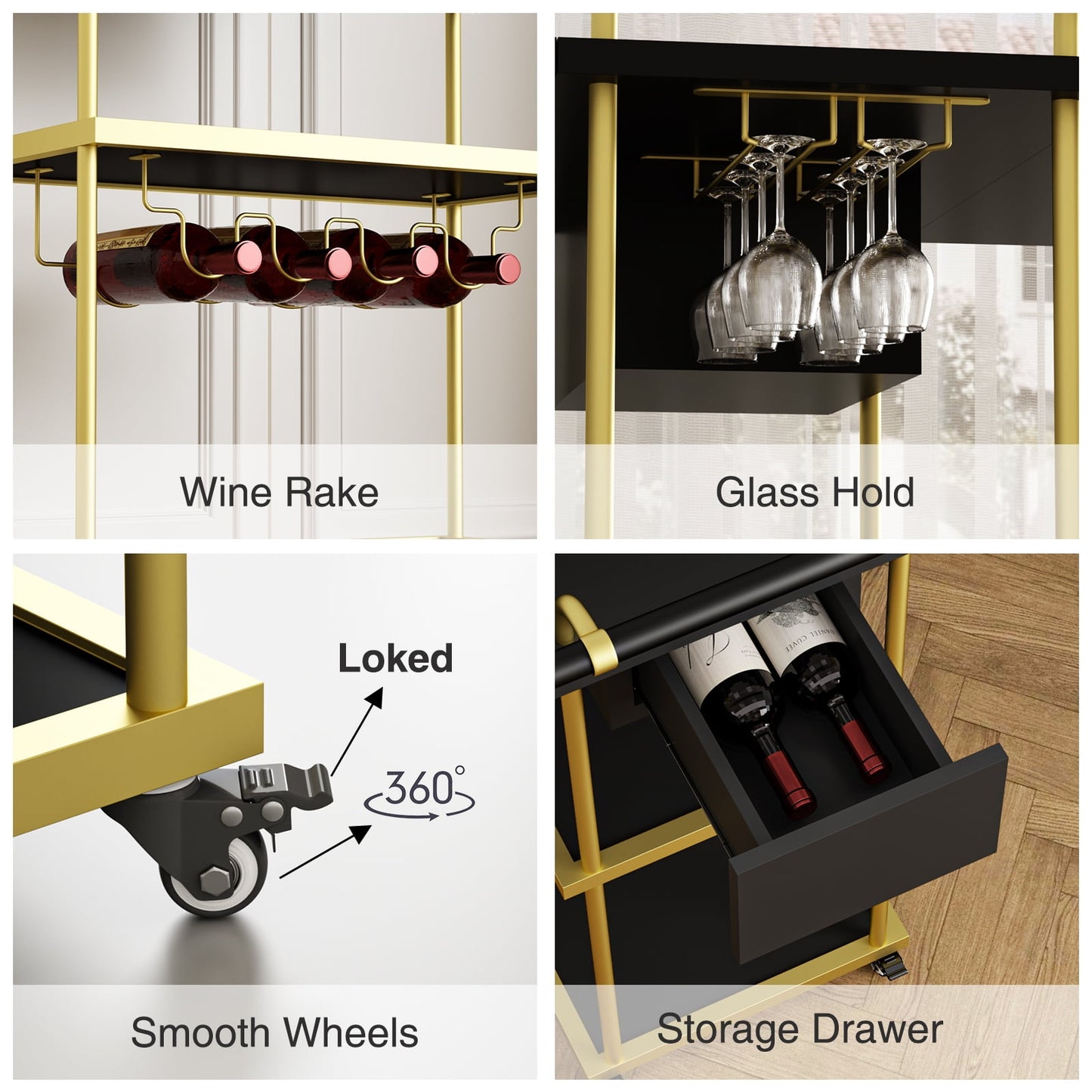 Veanerwood 3 Tier Home Bar Serving Cart on Wheels with Storage and Extendable Countertop, Black