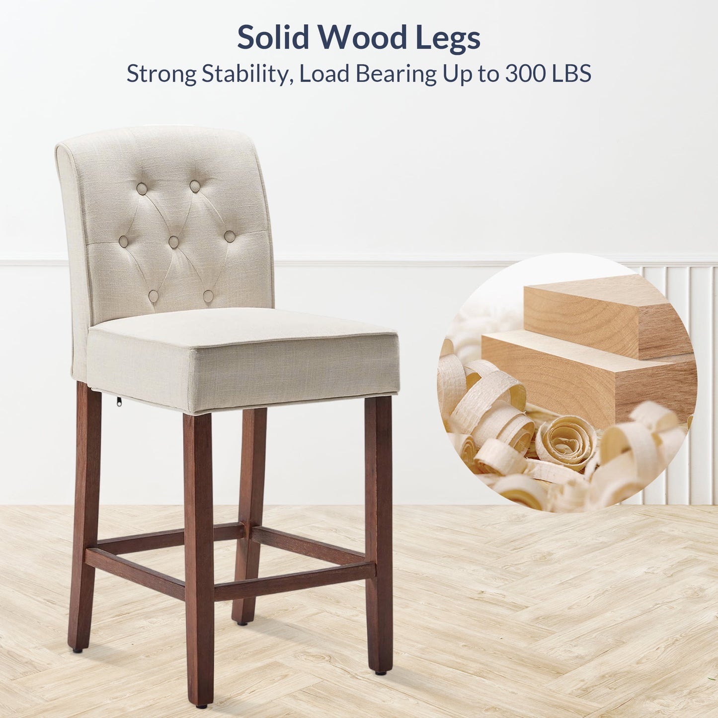 BELLEZE Counter Height Bar Stools for Kitchen Island Set of 4, Modern Counter Stools Button Tufted Upholstered Barstools Island Chairs Farmhouse High Back Dining Room Chairs - Calila (Natural)