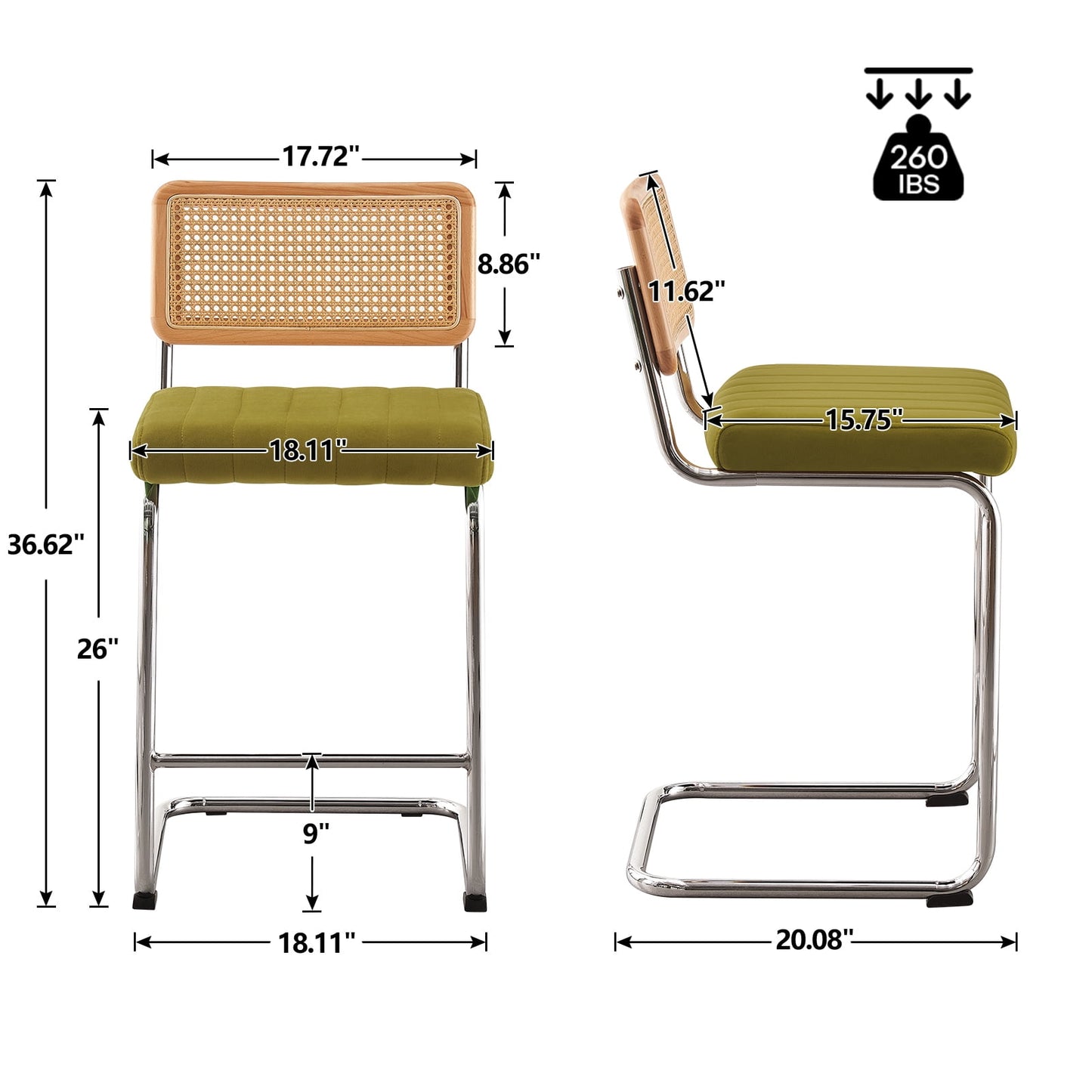 26in Rattan Bar Stools, Set of 2, Rattan Counter Height Velvet Armless Bar Stools with Cane Back for Home Office Kitchen Island