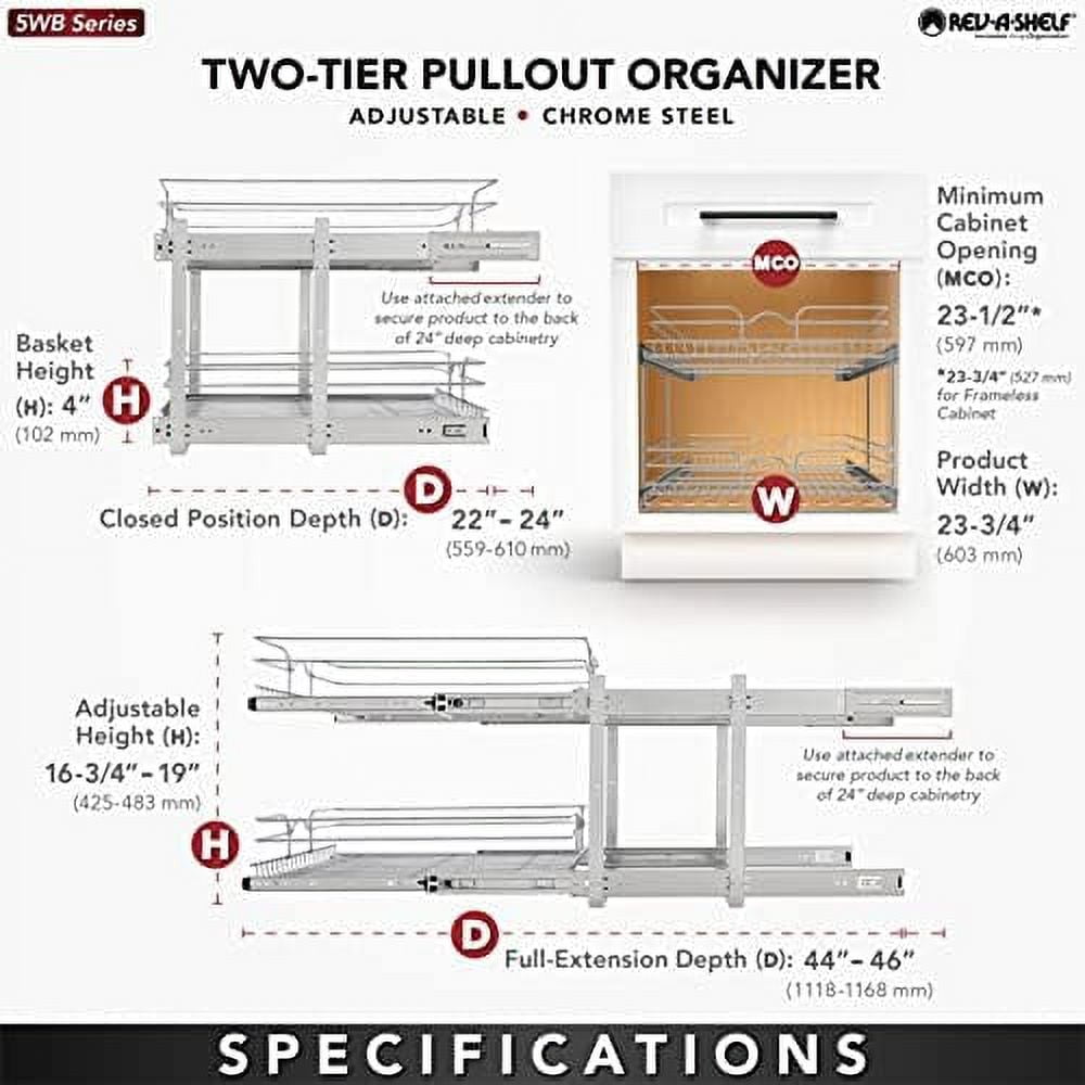 2-Tier Kitchen Cabinet Pull Out and Drawer Organizer Slide Out Pantry Basket in Multiple Sizes 9 x 22 In 5WB2-0922CR-1
