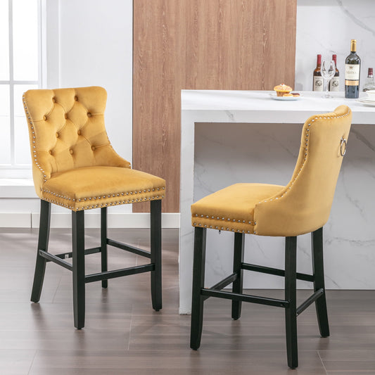 27in Contemporary Padded Bar Stools, Tufted Velvet Upholstered Barstools with Button Tufted Decoration, Chrome Nailhead Trim, Footrest and Solid Wood Legs (Gold,Set of 2)