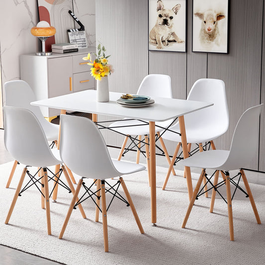 Symylife 7-Piece Dining Table Set, Solid Beech Wood Legs, Chair Seating for Six, White