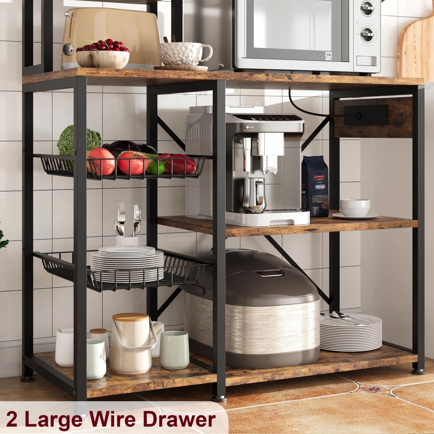 2024 New Standing Baker Rack with Power Output, 7-tier Kitchen Microwave Baker Rack with Storage, Microwave Oven Stand with Hook, Baker Rack for Kitchen, Dining Room