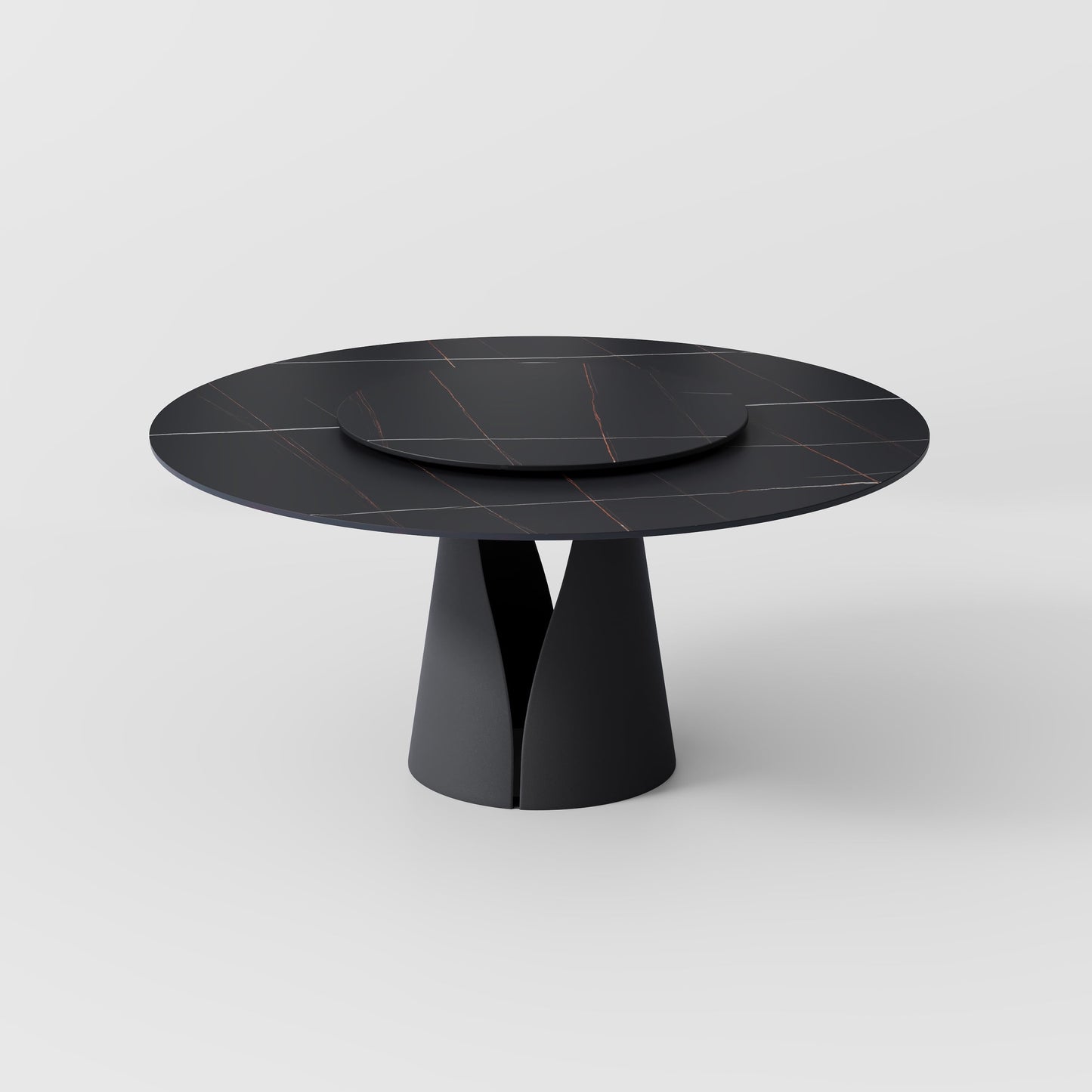 POVISON 59in Modern Round Black Kitchen Dining Table For 6 With Lazy Susan, Matte Sintered Stone Tabletop, Solid Black Carbon Steel Base