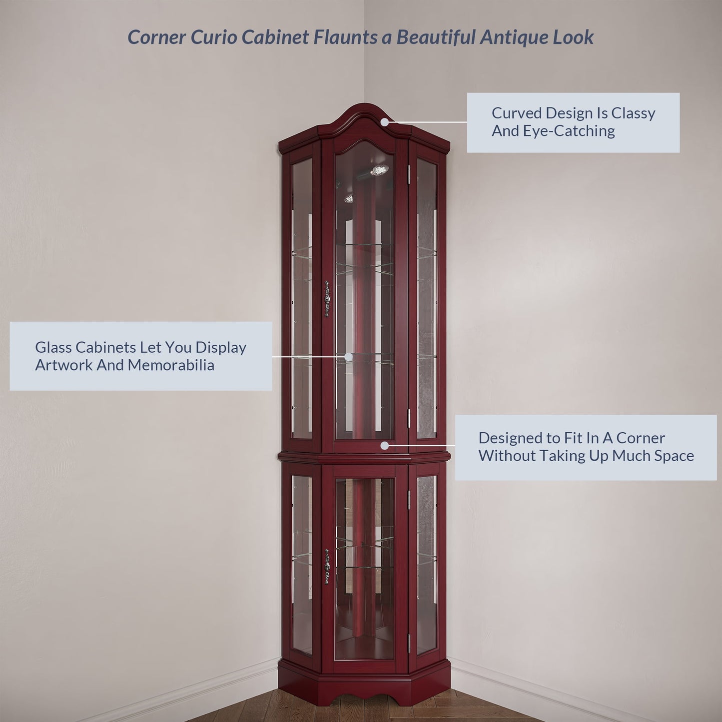 BELLEZE Loraine Canted Front Lighted Corner Curio Cabinet With 5 Tier Shelves, Cherry