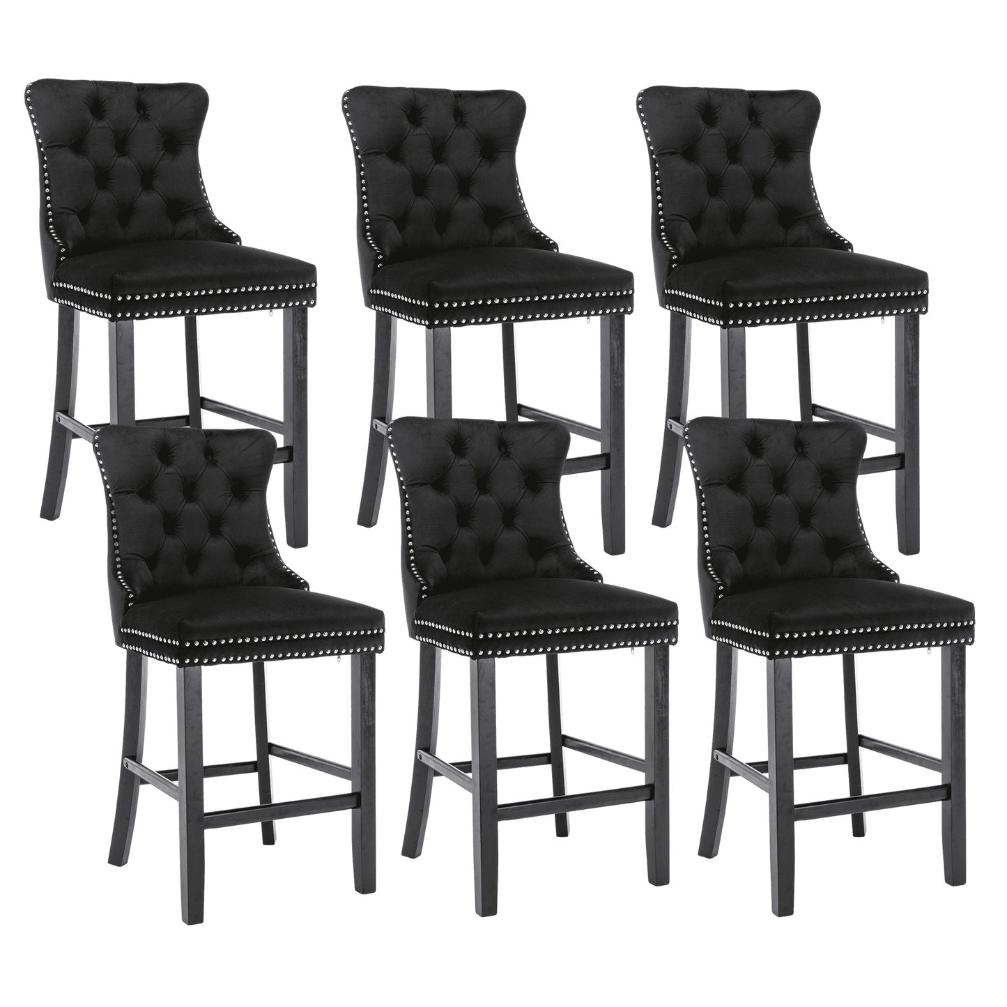 27in Contemporary Padded Bar Stools, Tufted Velvet Upholstered Barstools with Button Tufted Decoration, Chrome Nailhead Trim, Footrest and Solid Wood Legs (Black,Set of 6)
