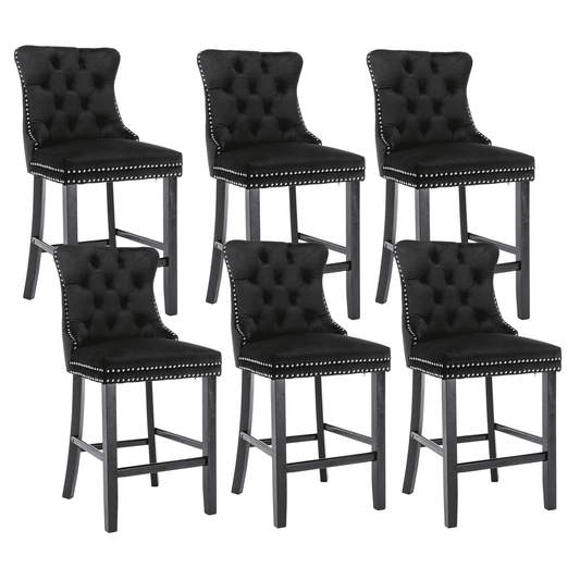 27in Contemporary Padded Bar Stools, Tufted Velvet Upholstered Barstools with Button Tufted Decoration, Chrome Nailhead Trim, Footrest and Solid Wood Legs (Black,Set of 6)